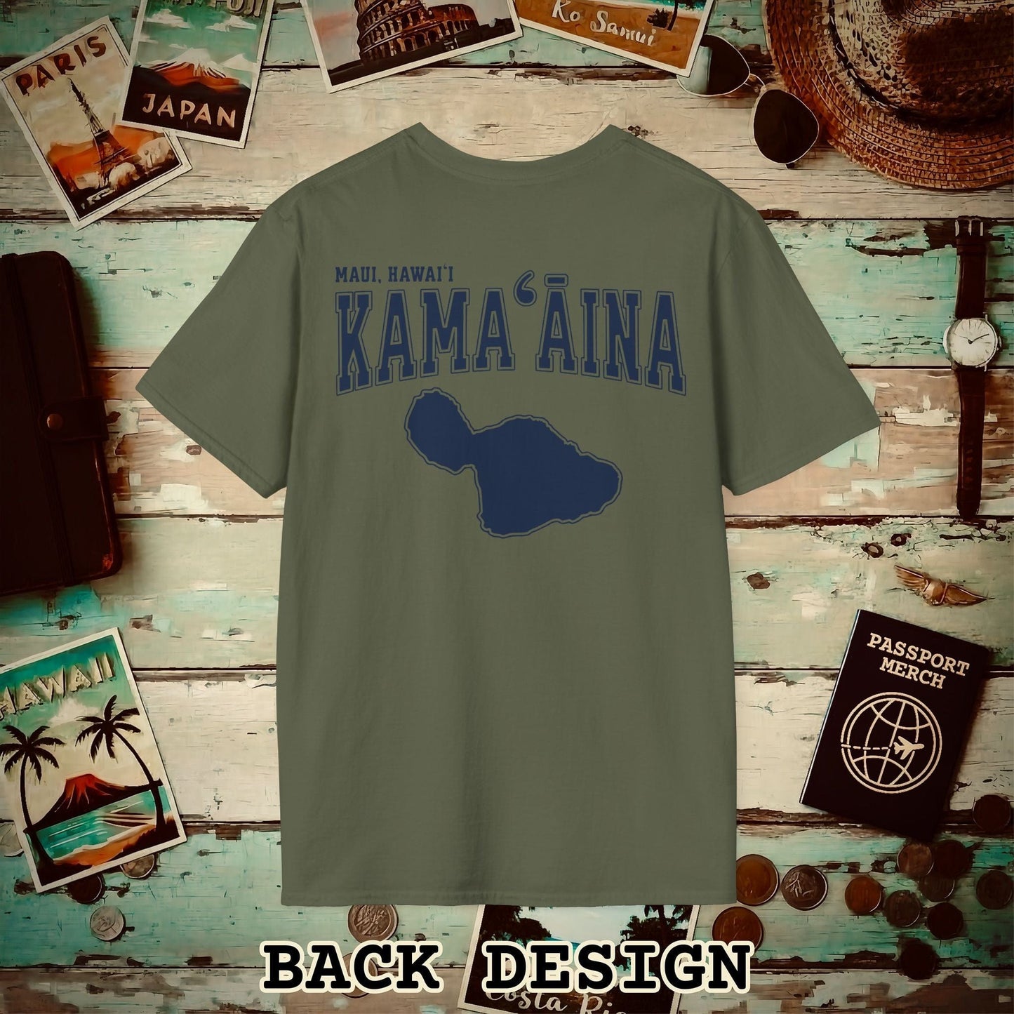 Classic University (Kamaaina Edition), Maui, Hawaii Back Print T-Shirt Military Green / S