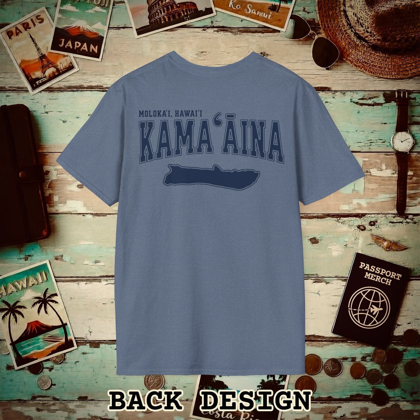 Classic University (Kamaaina Edition), Molokai, Hawaii Back Print T-Shirt Heather Indigo / S