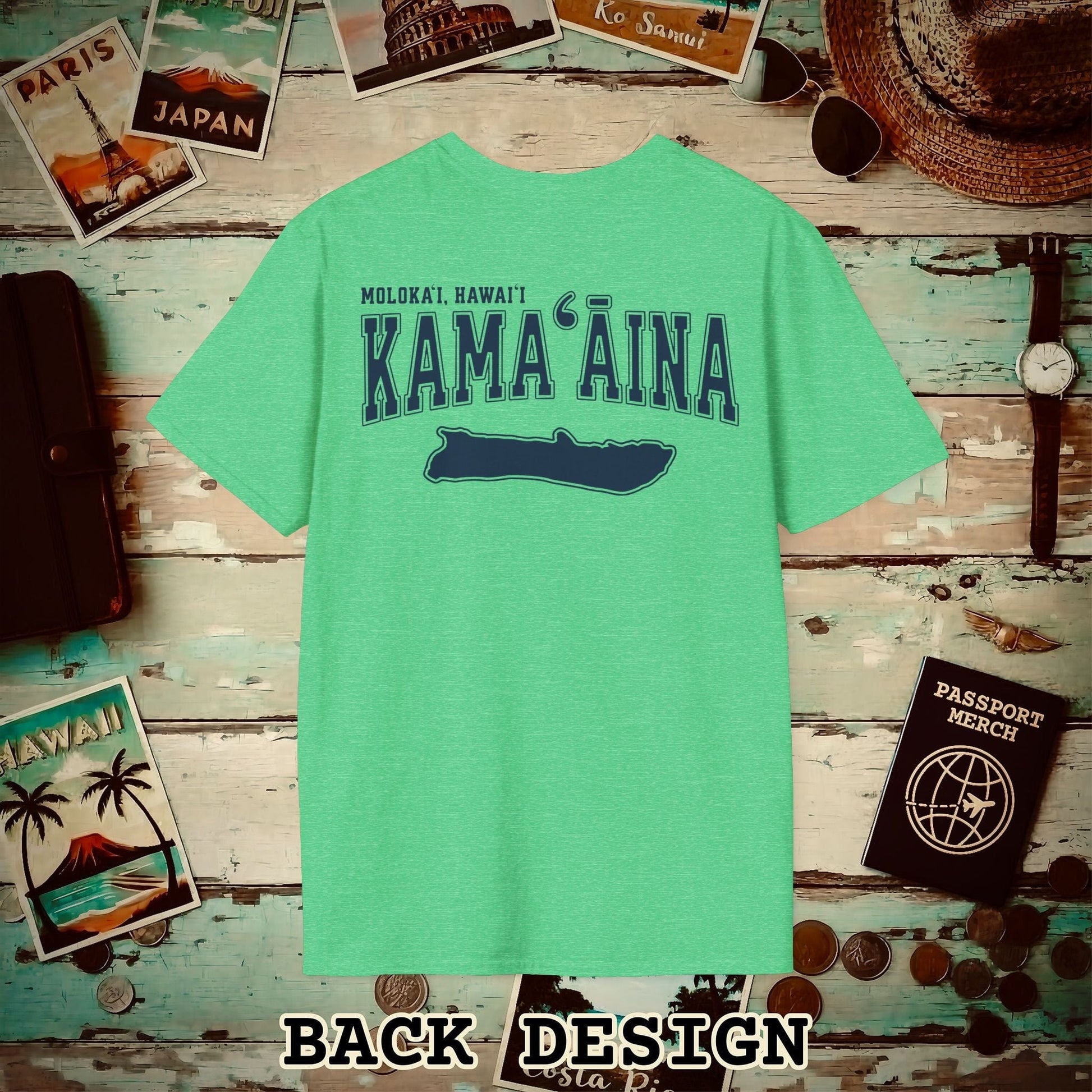 Classic University (Kamaaina Edition), Molokai, Hawaii Back Print T-Shirt Heather Irish Green / S
