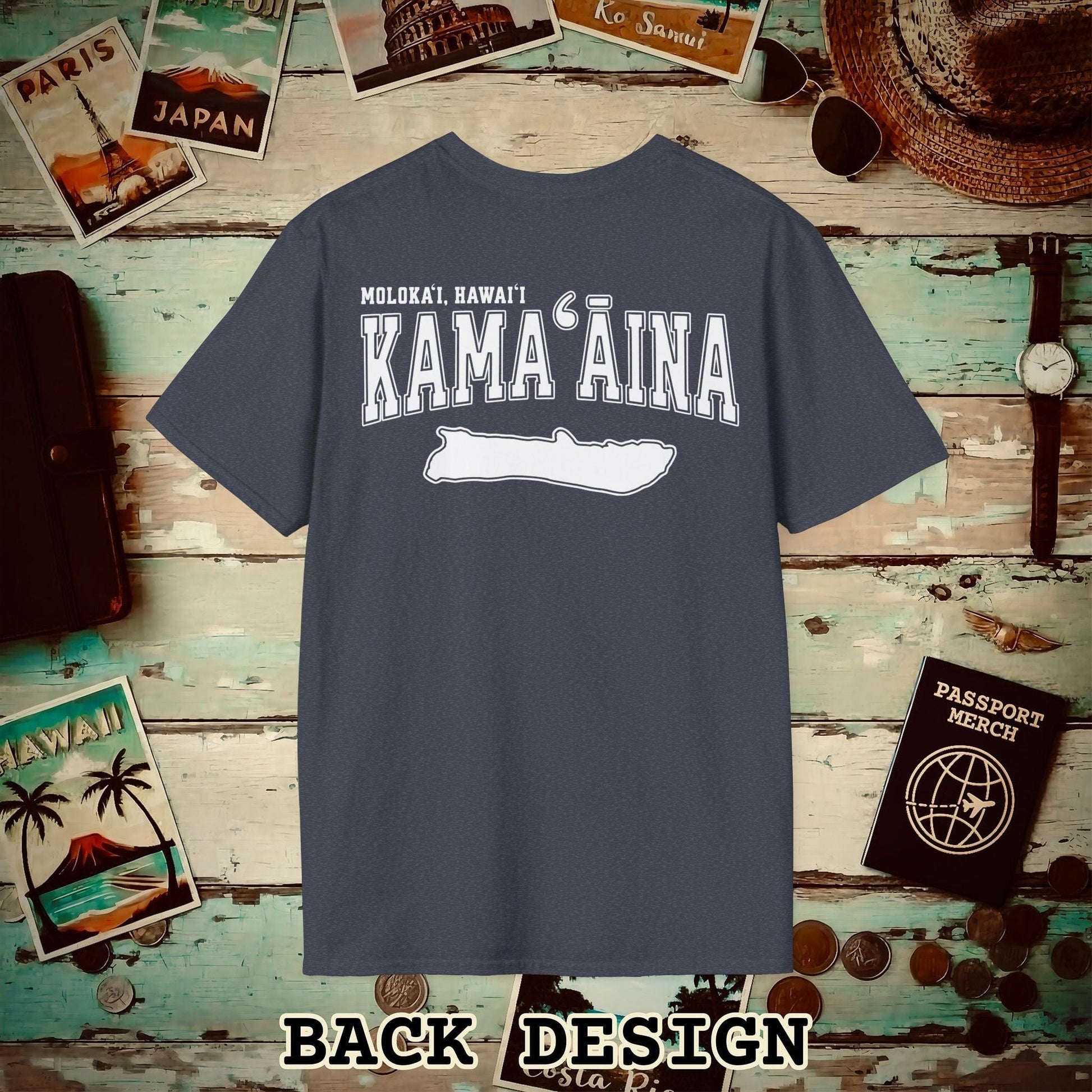 Classic University (Kamaaina Edition), Molokai, Hawaii Back Print T-Shirt Heather Navy / S