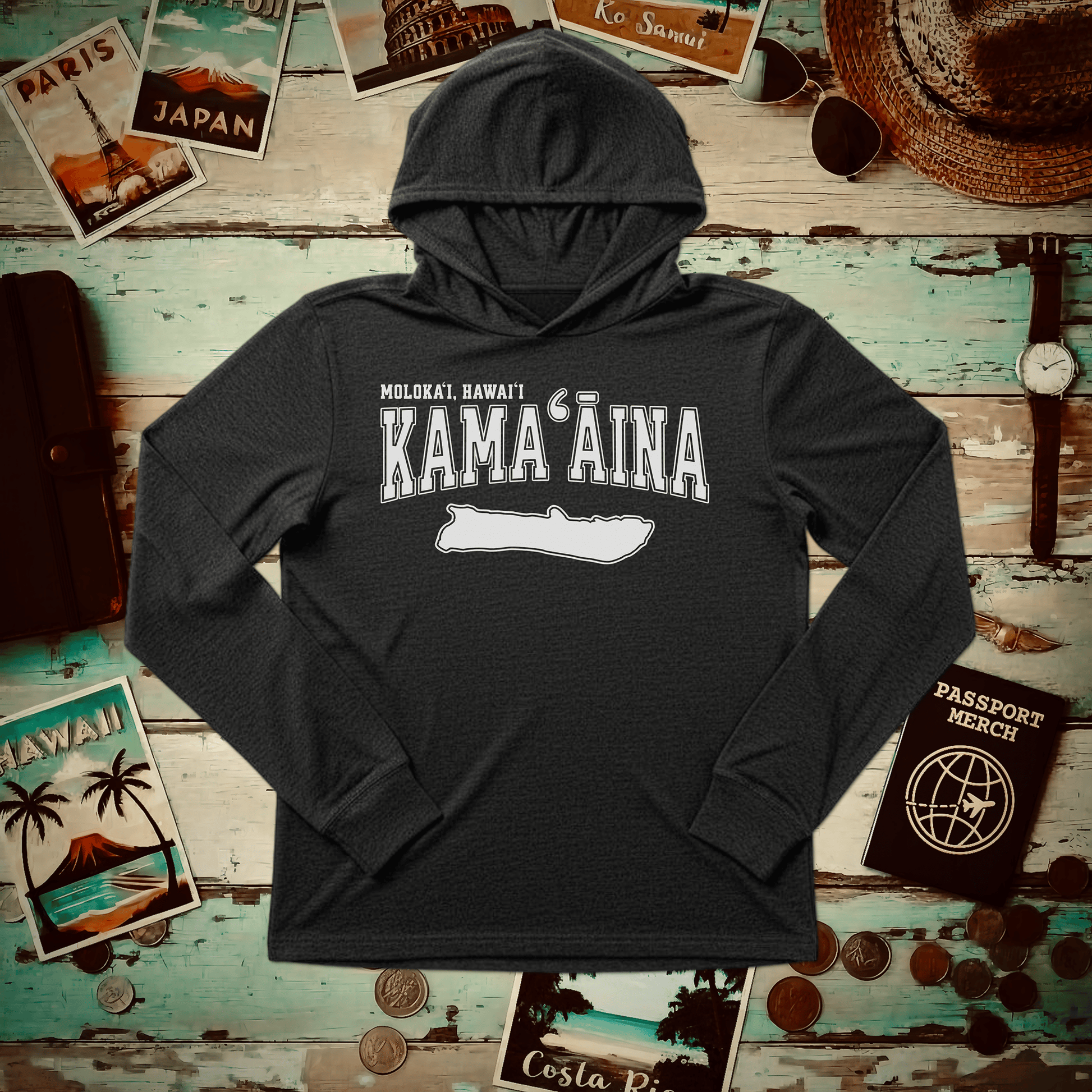 Classic University (Kamaaina Edition), Molokai, Hawaii Hooded Long Sleeve Charcoal Black TriBlend / XS