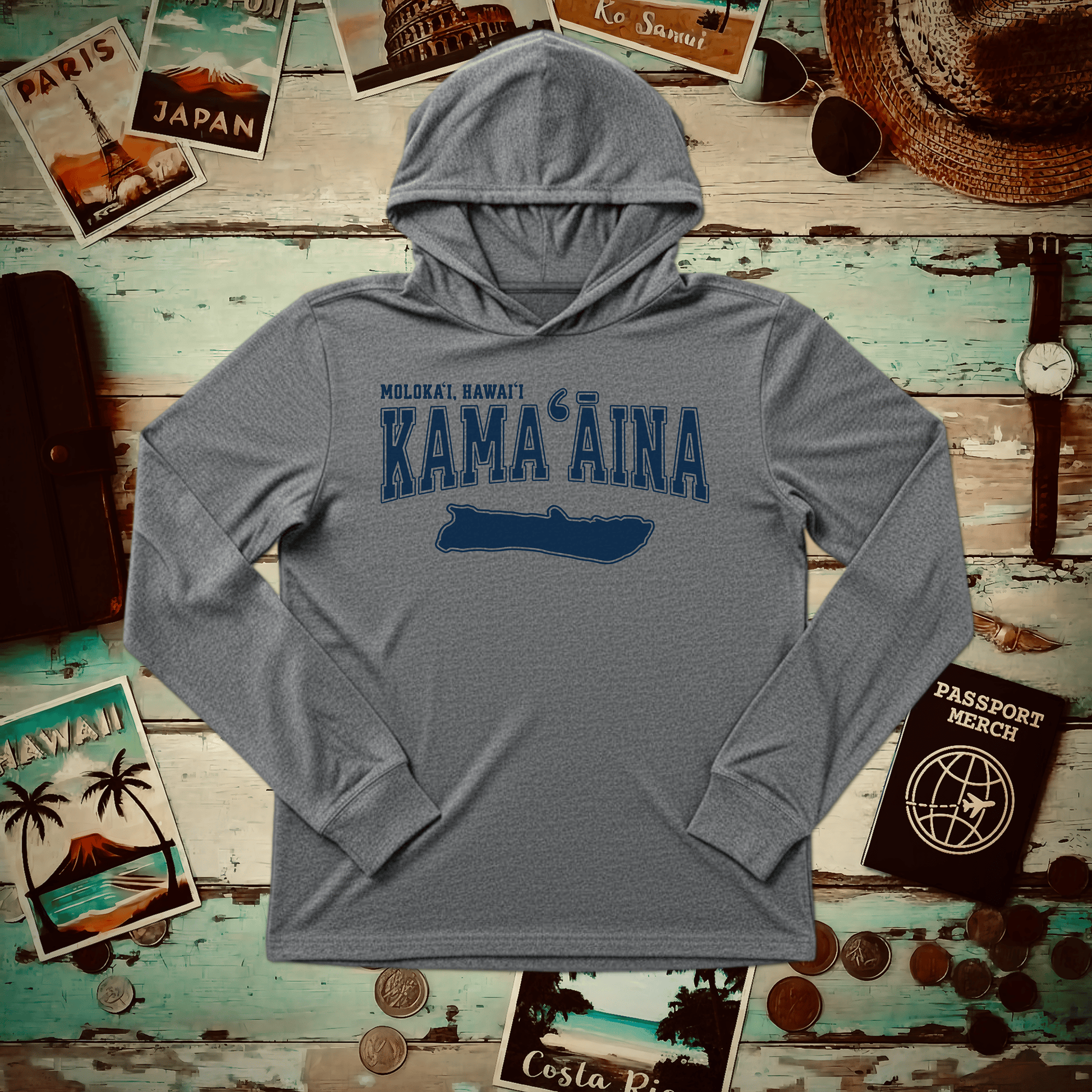 Classic University (Kamaaina Edition), Molokai, Hawaii Hooded Long Sleeve Grey TriBlend / XS