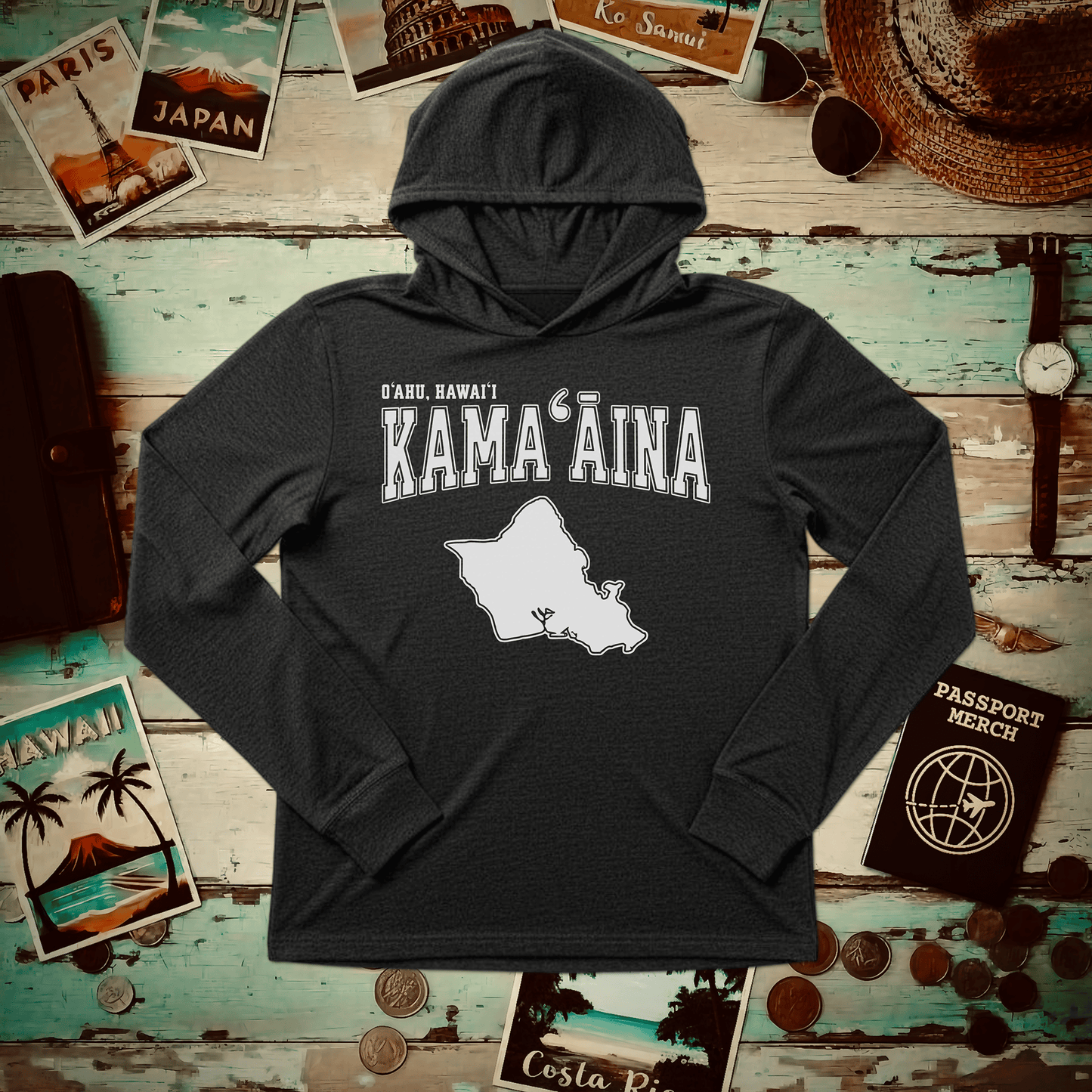 Classic University (Kamaaina Edition), Oahu, Hawaii Hooded Long Sleeve Charcoal Black TriBlend / XS