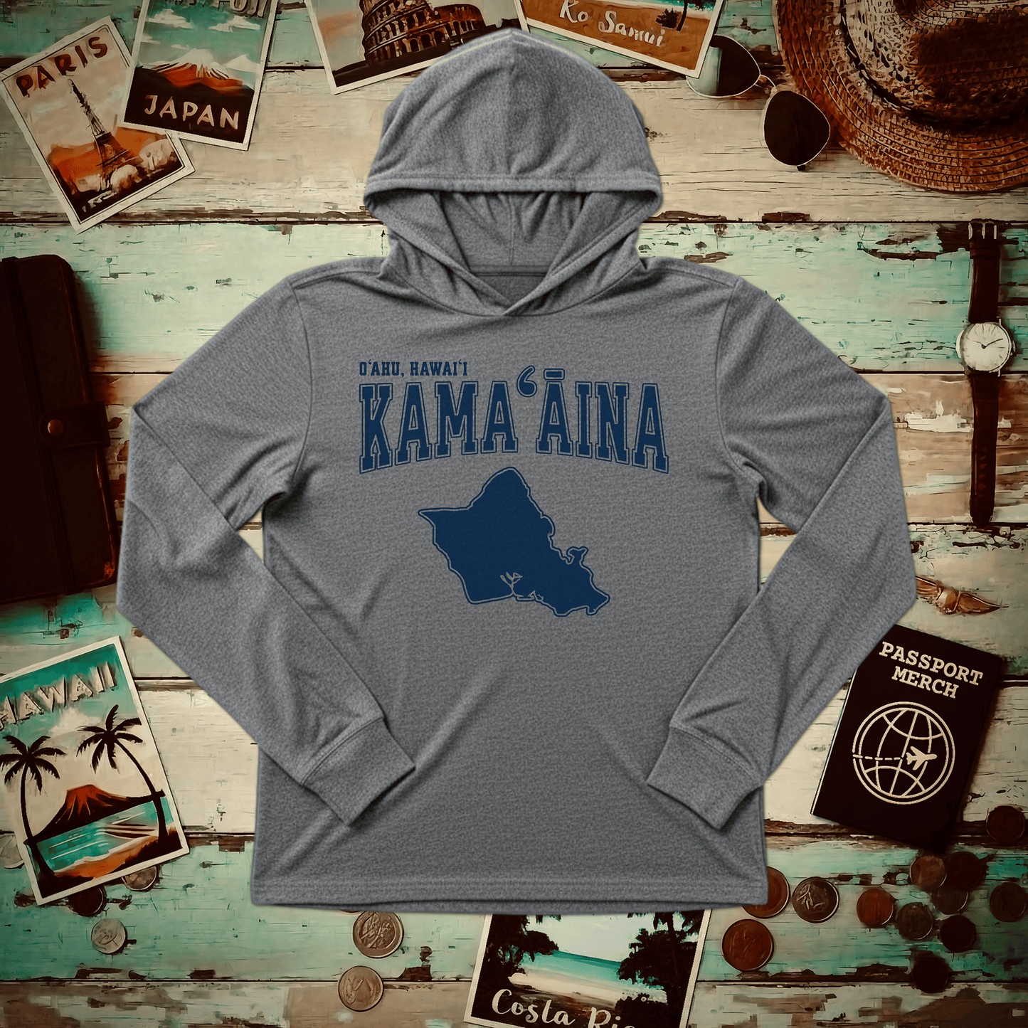 Classic University (Kamaaina Edition), Oahu, Hawaii Hooded Long Sleeve Grey TriBlend / XS