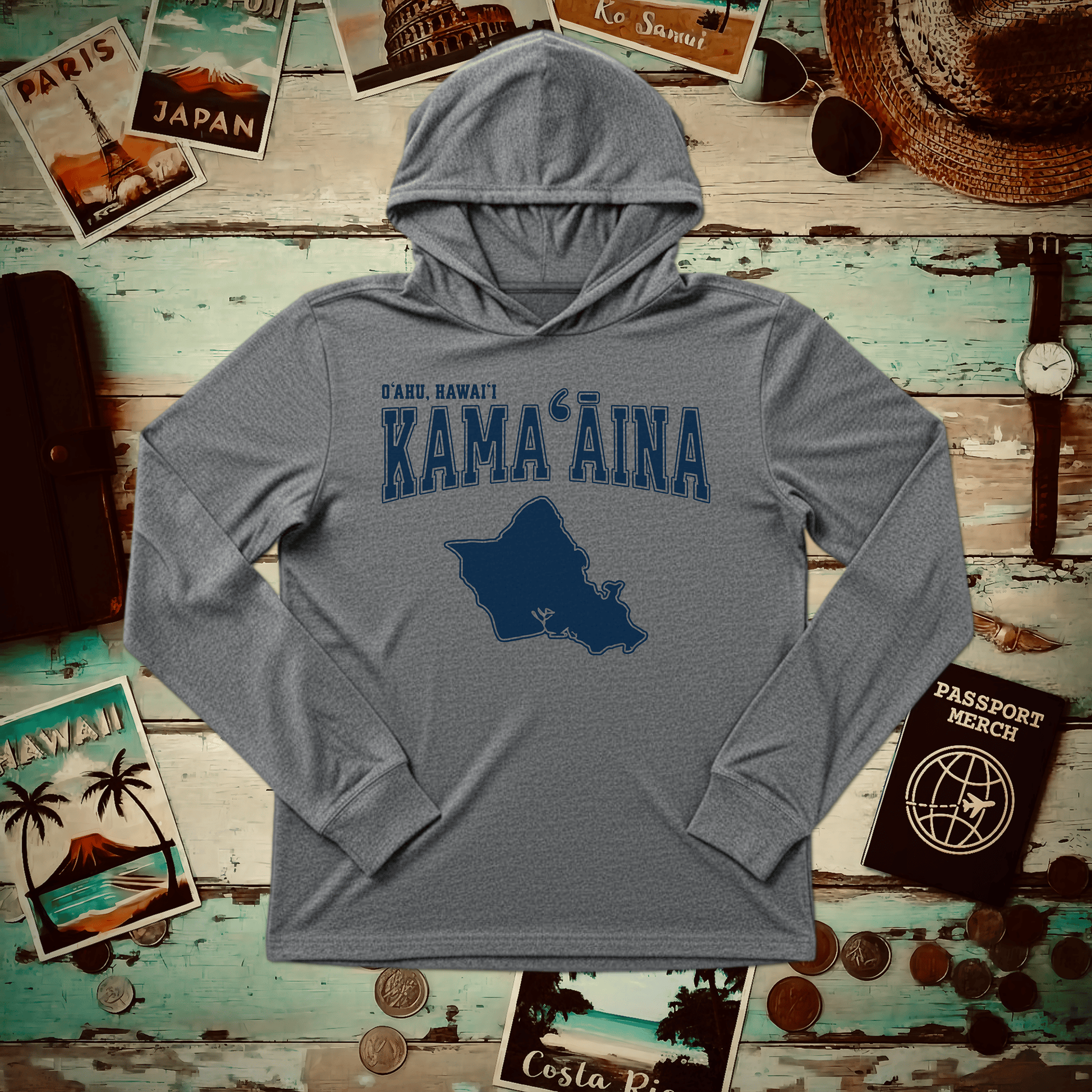 Classic University (Kamaaina Edition), Oahu, Hawaii Hooded Long Sleeve Grey TriBlend / XS