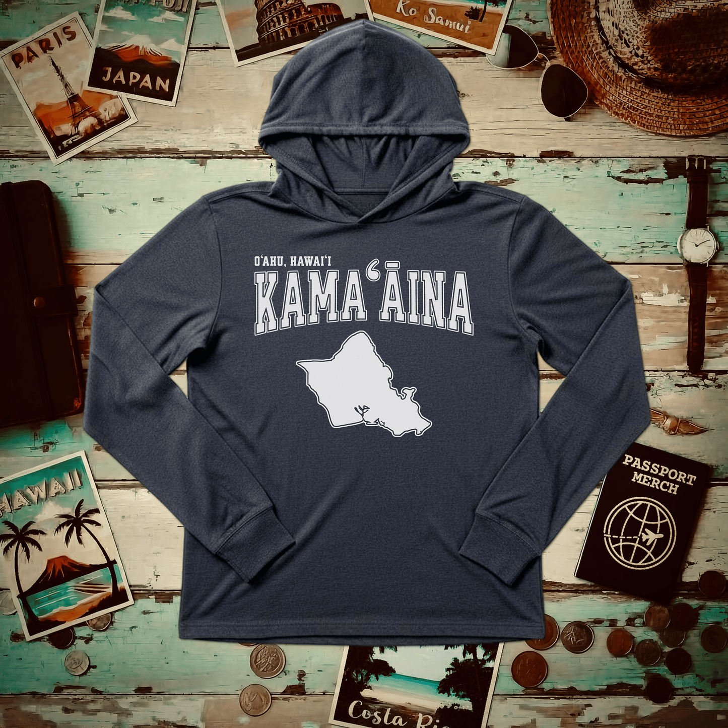 Classic University (Kamaaina Edition), Oahu, Hawaii Hooded Long Sleeve Heather Navy / XS