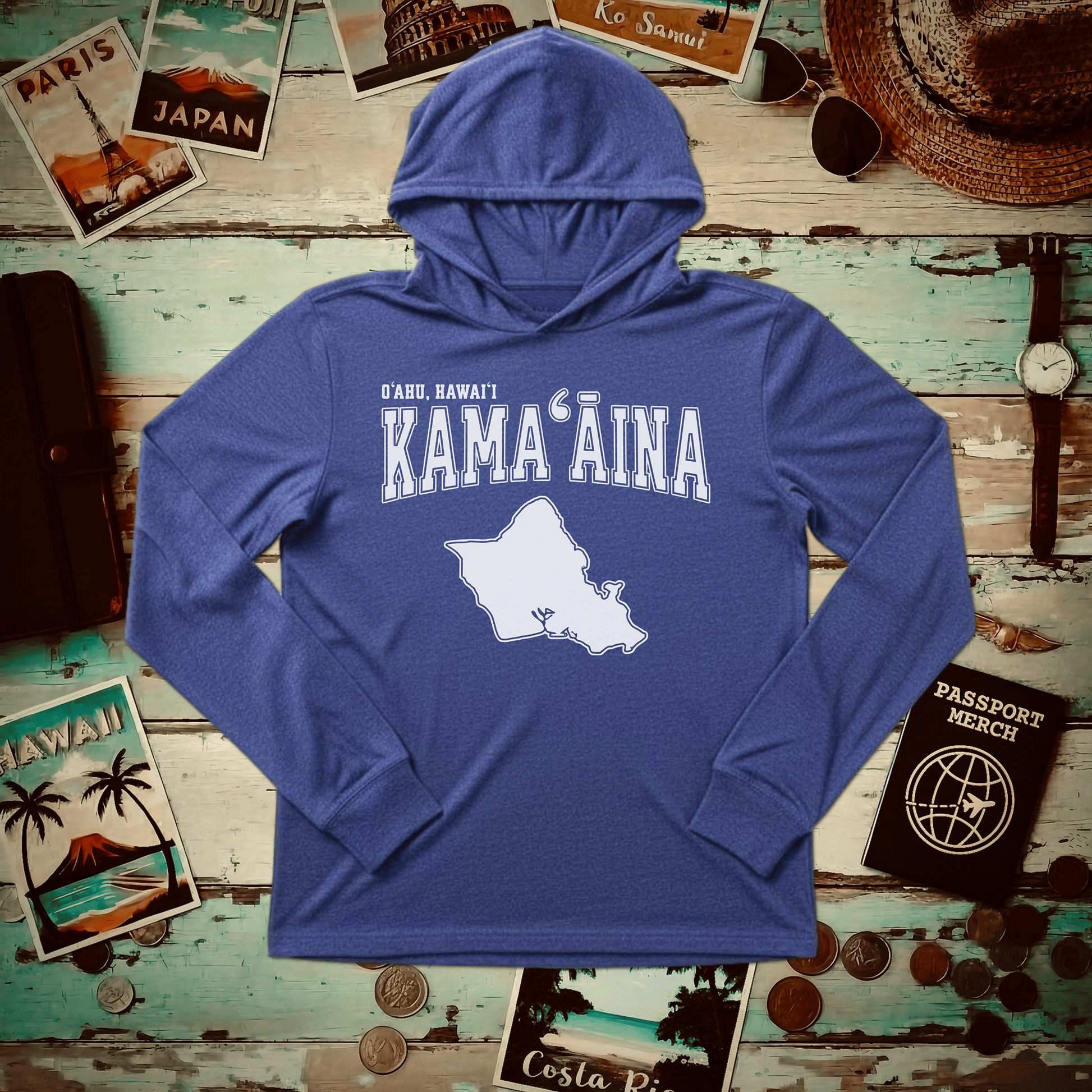 Classic University (Kamaaina Edition), Oahu, Hawaii Hooded Long Sleeve Heather True Royal / XS
