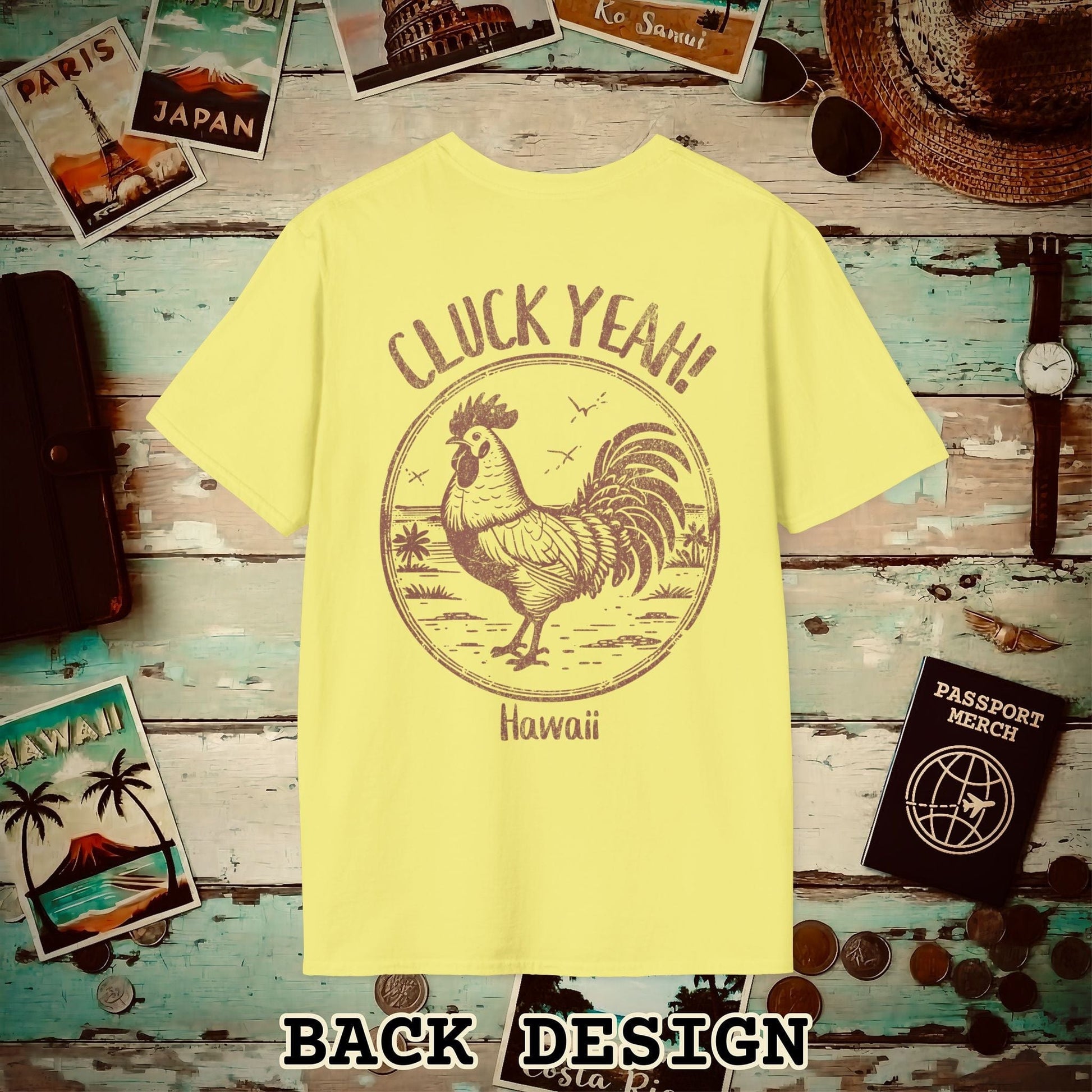 Cluck Yeah! Hawaii, Back Print T-Shirt Cornsilk / S