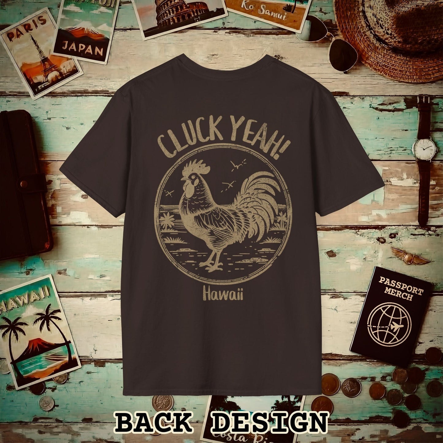 Cluck Yeah! Hawaii, Back Print T-Shirt Dark Chocolate / S