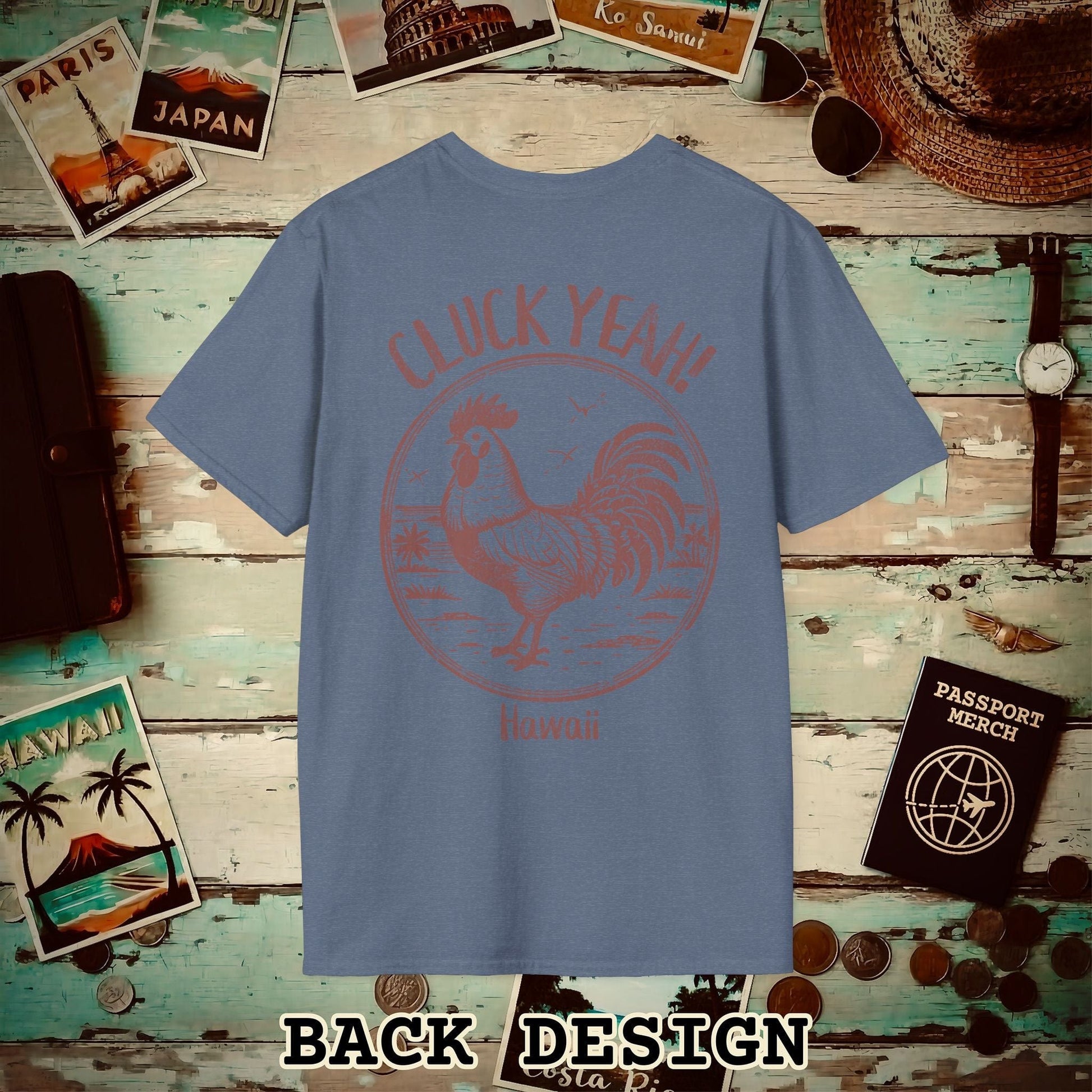 Cluck Yeah! Hawaii, Back Print T-Shirt Heather Indigo / S