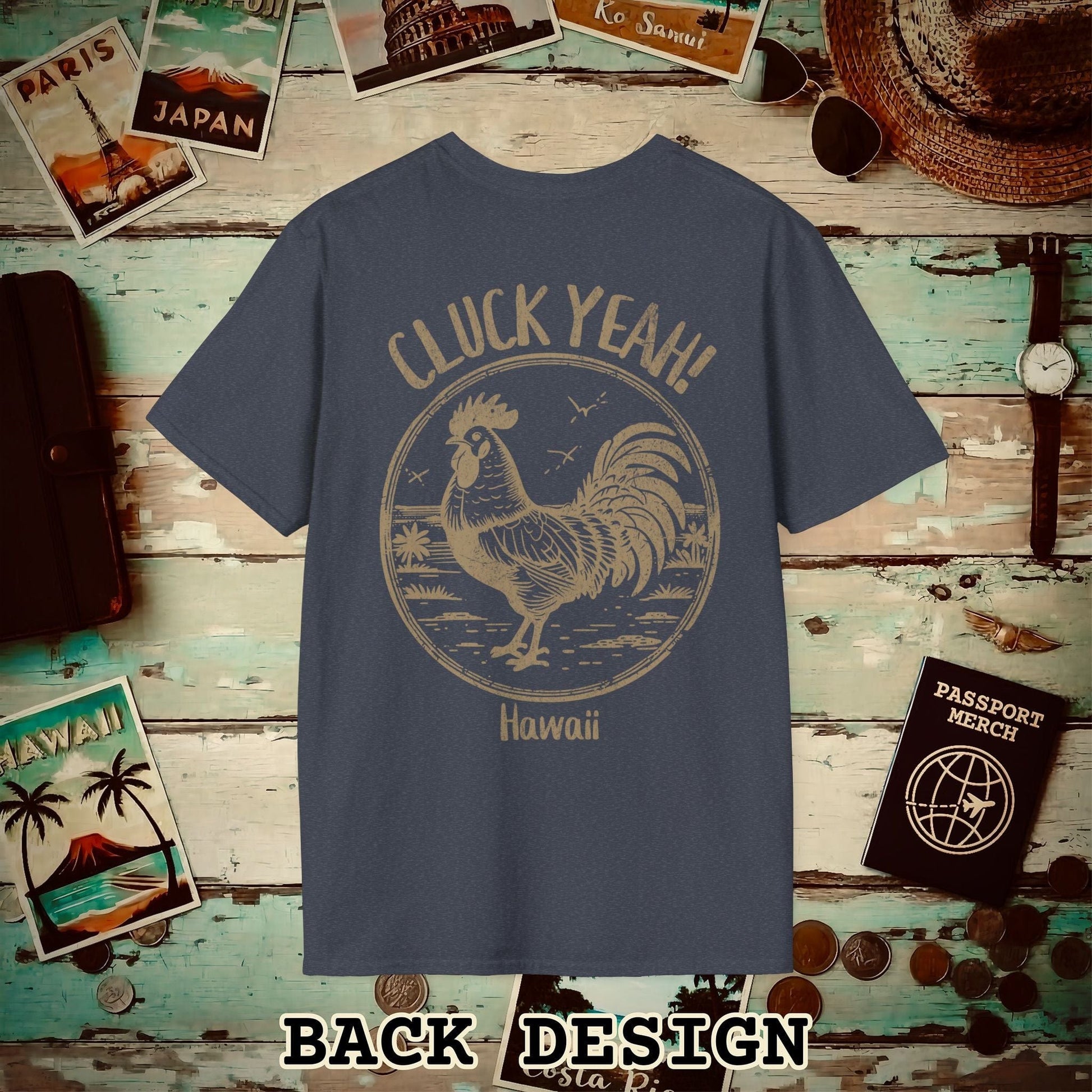 Cluck Yeah! Hawaii, Back Print T-Shirt Heather Navy / S