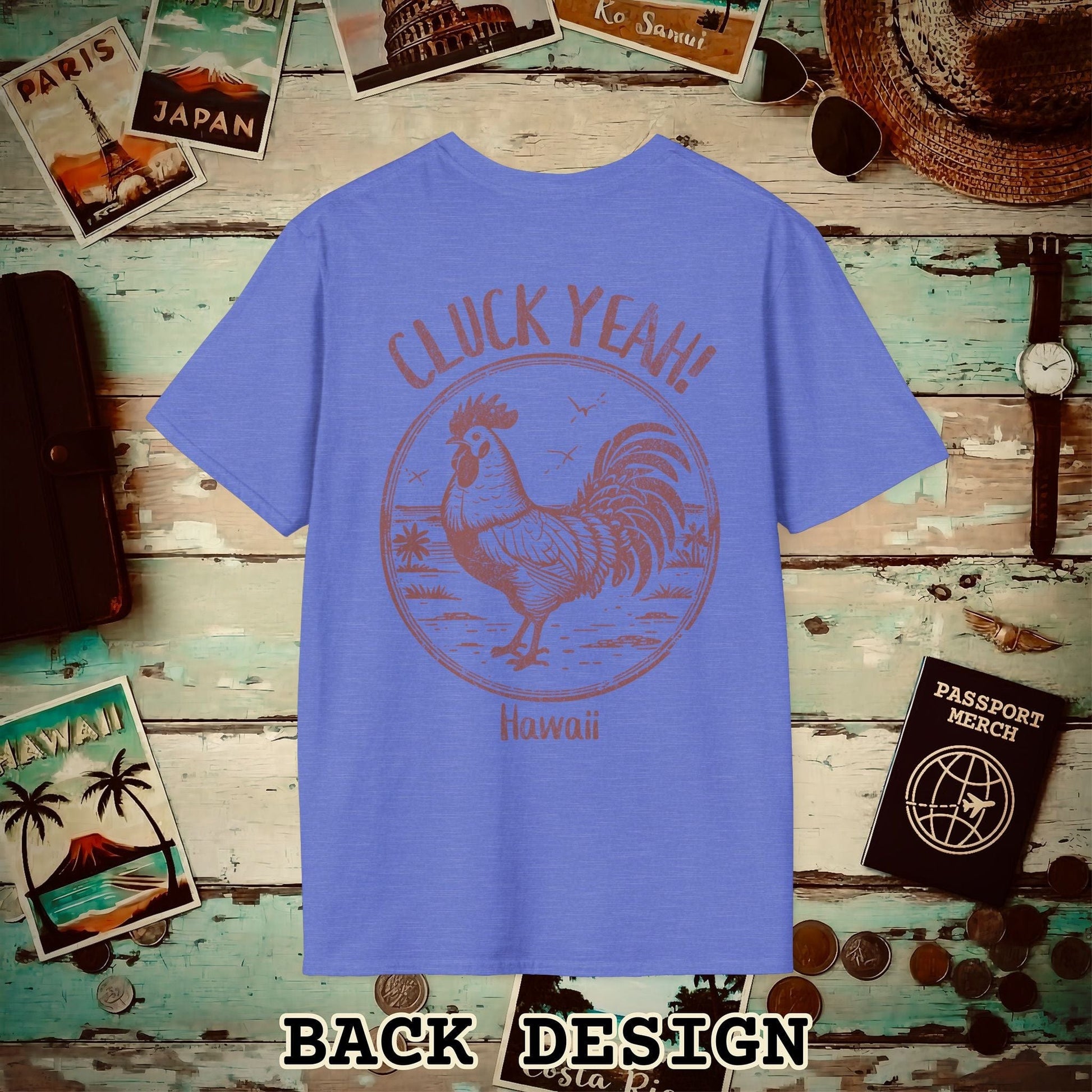 Cluck Yeah! Hawaii, Back Print T-Shirt Heather Royal / S