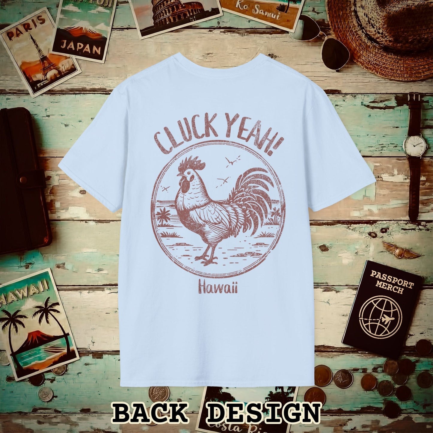 Cluck Yeah! Hawaii, Back Print T-Shirt Light Blue / S