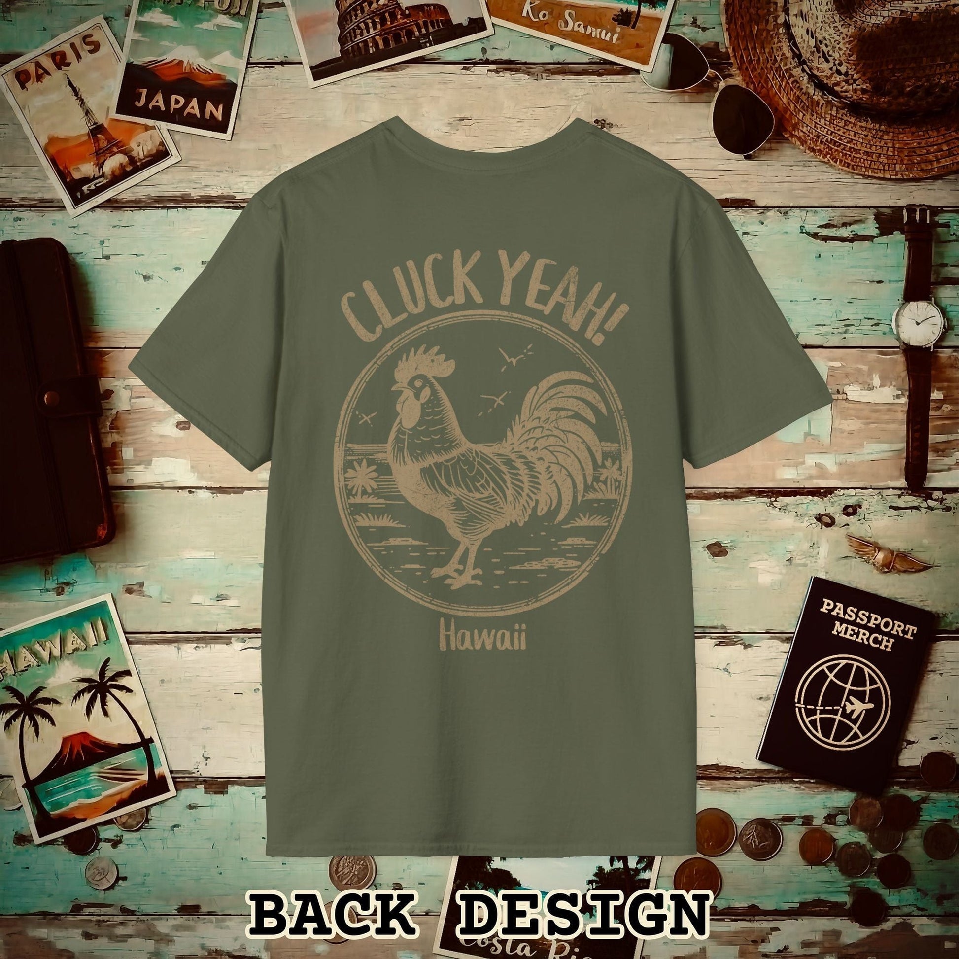 Cluck Yeah! Hawaii, Back Print T-Shirt Military Green / S