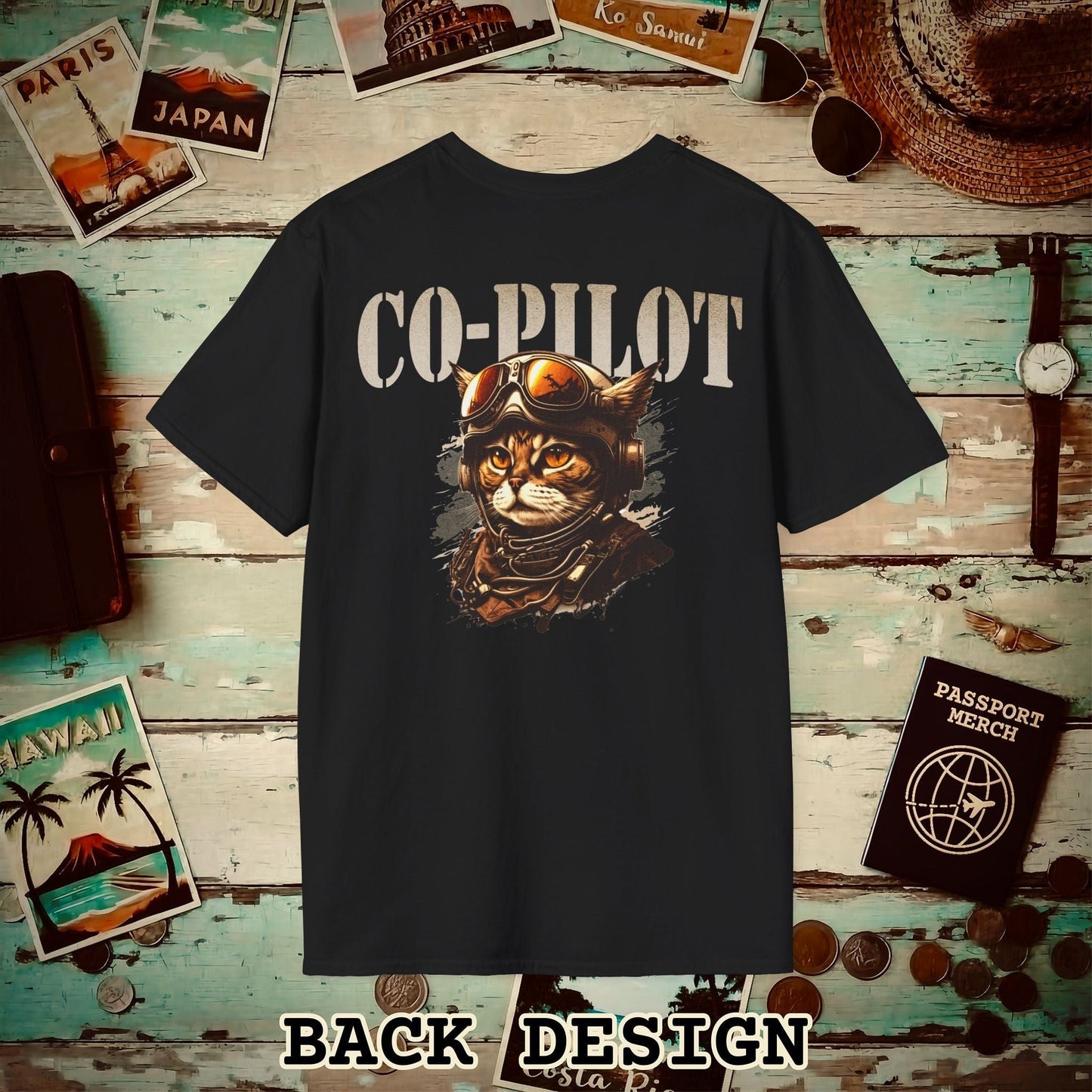 Co-Pilot Aviator Cat Back Print T-Shirt Black / S