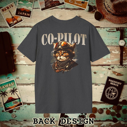 Co-Pilot Aviator Cat Back Print T-Shirt Dark Heather / S