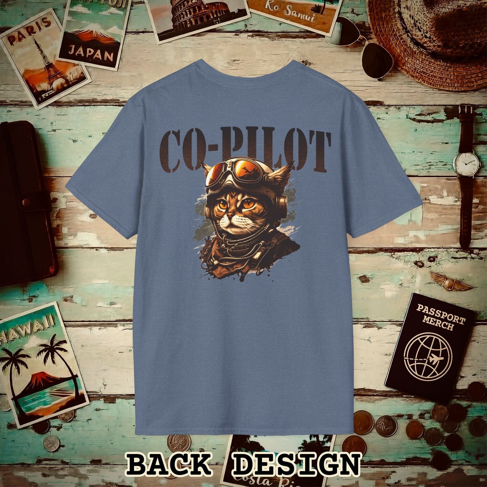 Co-Pilot Aviator Cat Back Print T-Shirt Heather Indigo / S
