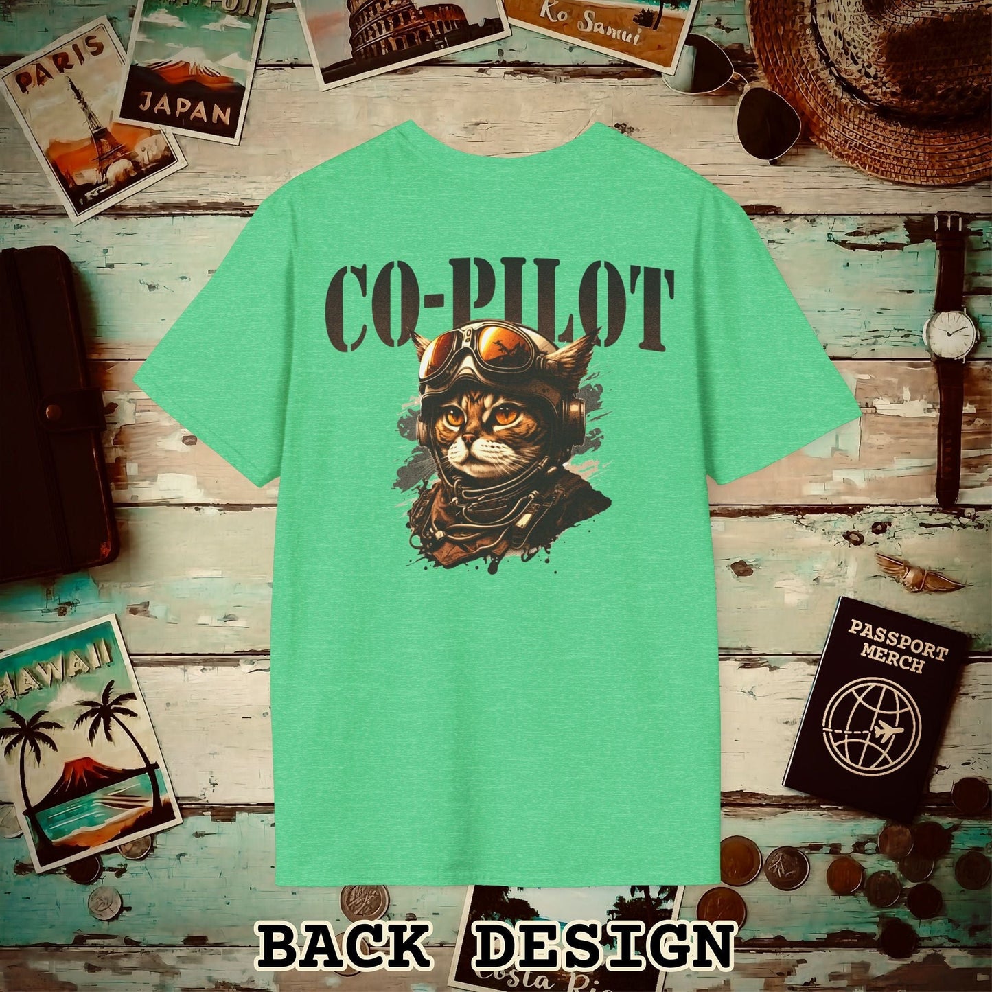 Co-Pilot Aviator Cat Back Print T-Shirt Heather Irish Green / S