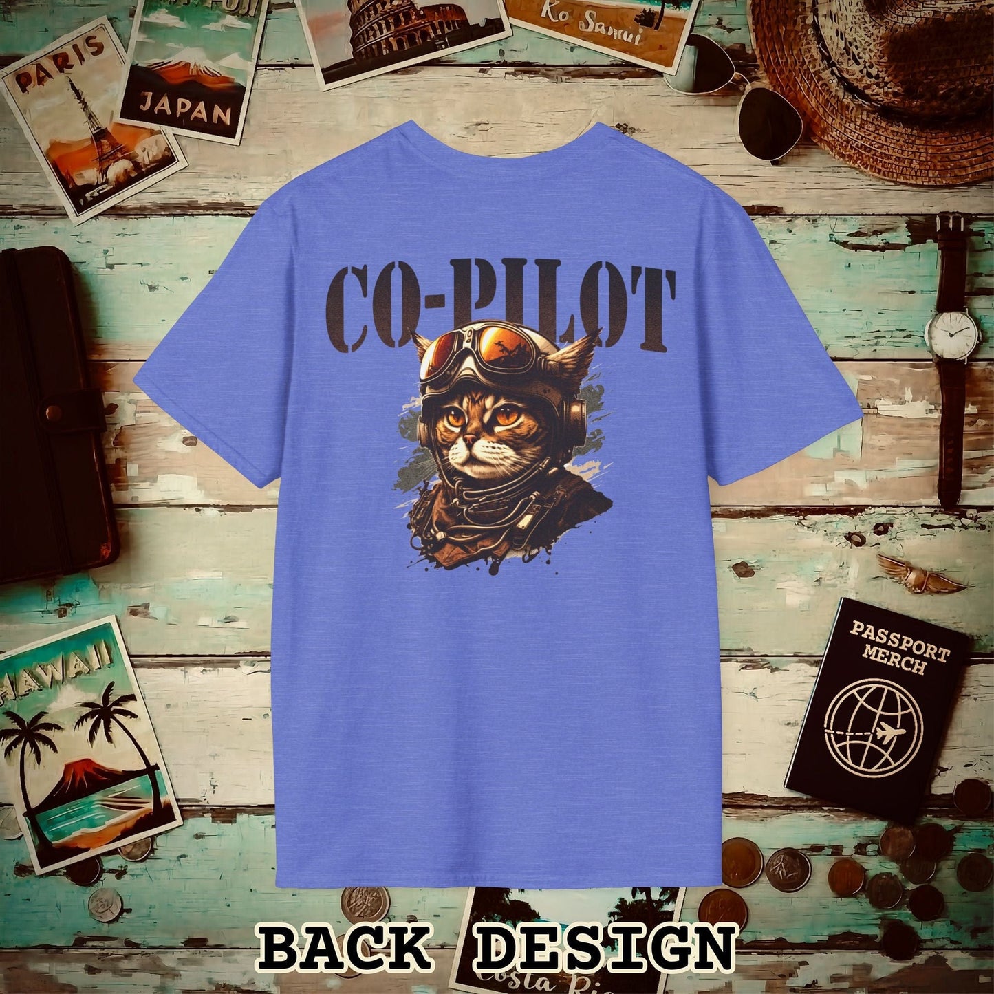 Co-Pilot Aviator Cat Back Print T-Shirt Heather Royal / S