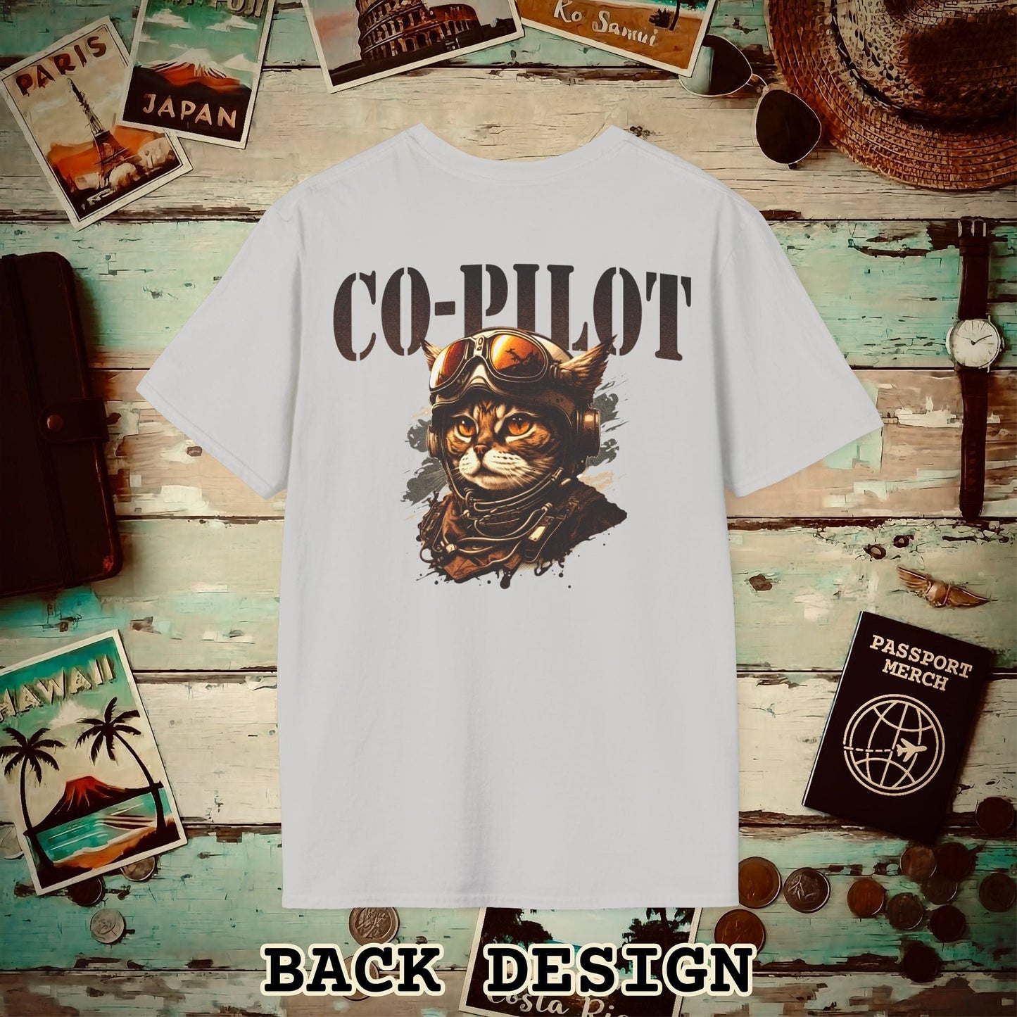 Co-Pilot Aviator Cat Back Print T-Shirt Ice Grey / S