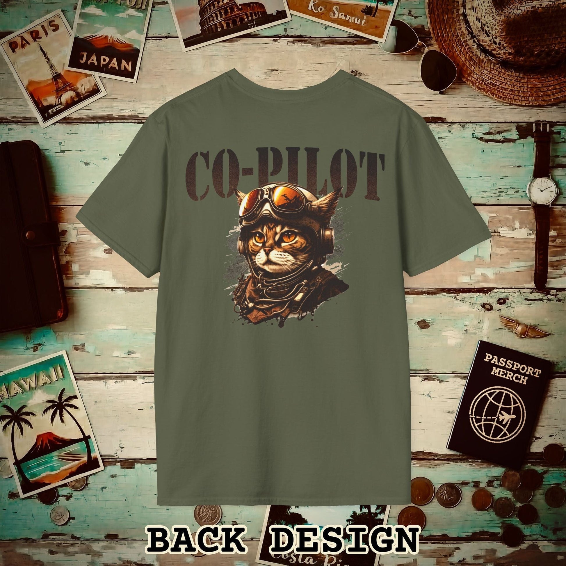 Co-Pilot Aviator Cat Back Print T-Shirt Military Green / S