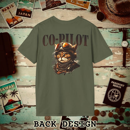 Co-Pilot Aviator Cat Back Print T-Shirt Military Green / S