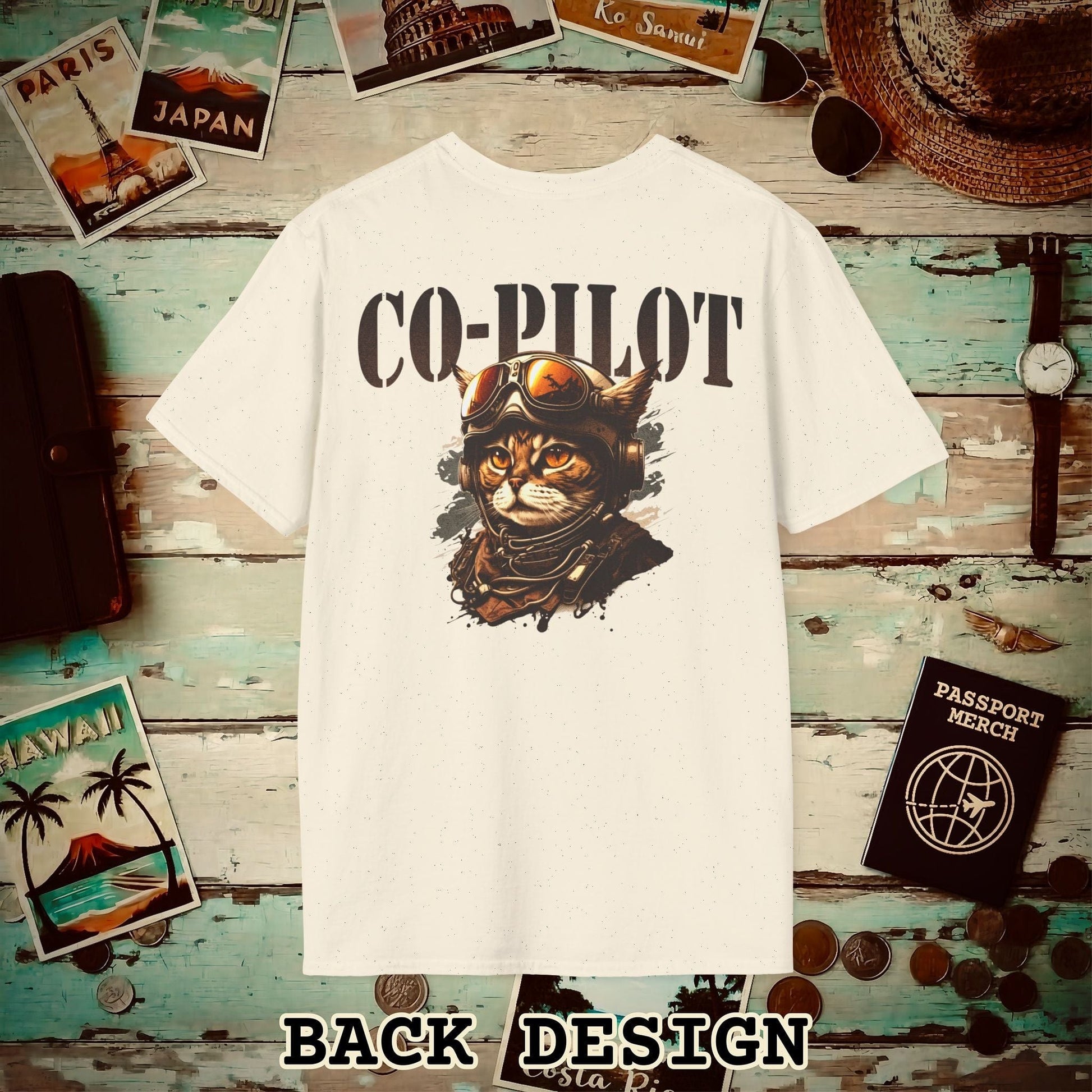 Co-Pilot Aviator Cat Back Print T-Shirt Natural / S