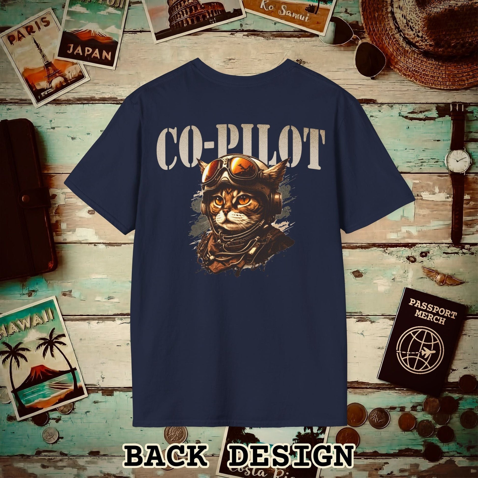 Co-Pilot Aviator Cat Back Print T-Shirt Navy / S