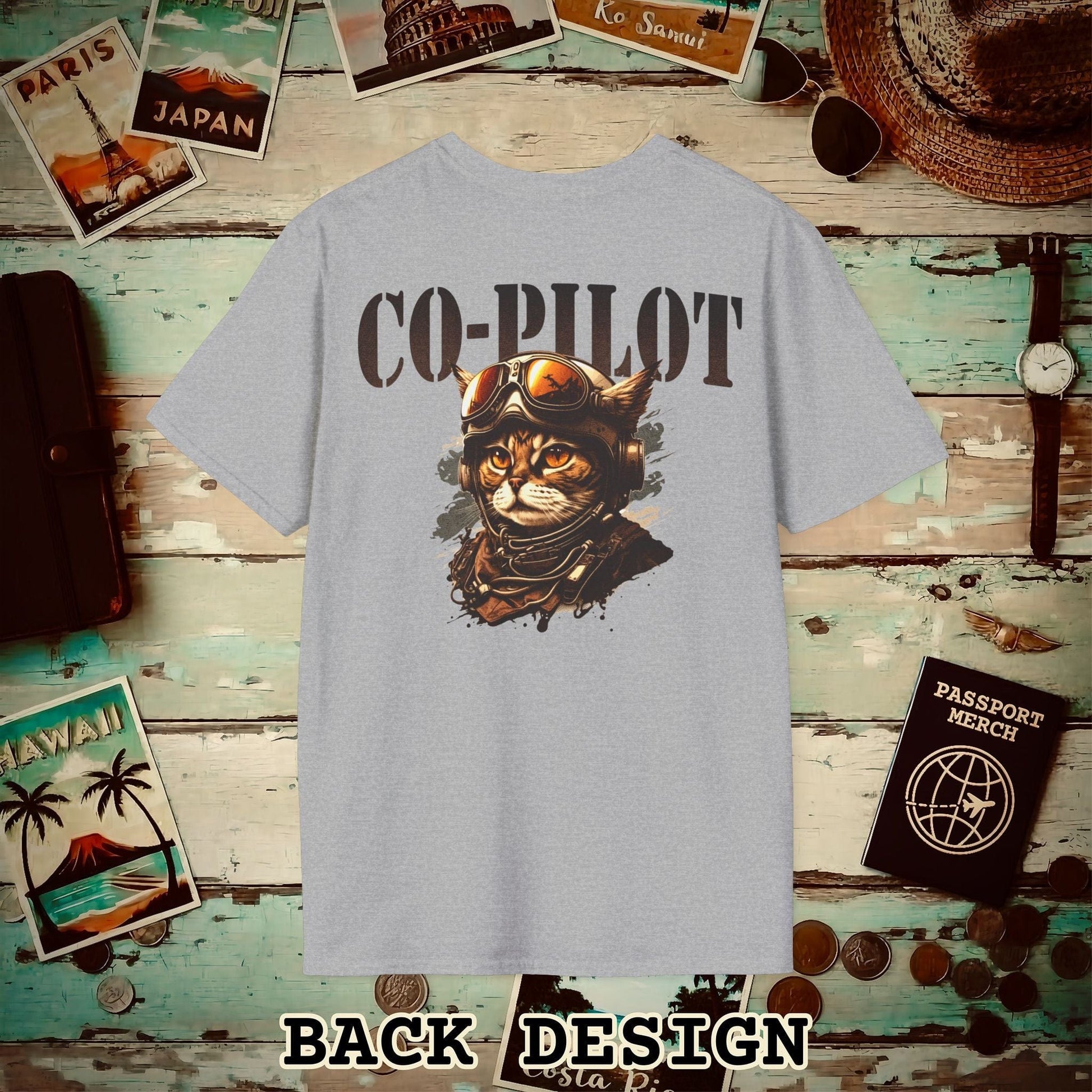 Co-Pilot Aviator Cat Back Print T-Shirt Sport Grey / S