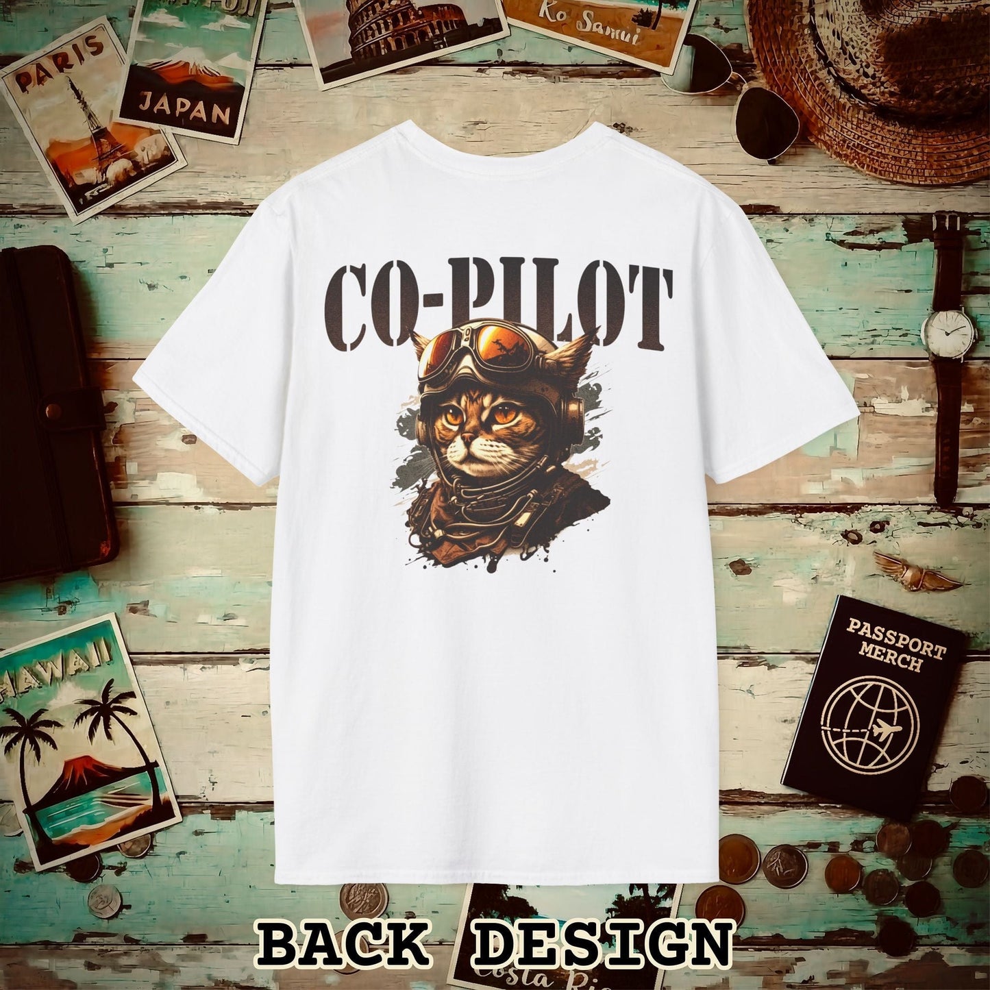 Co-Pilot Aviator Cat Back Print T-Shirt White / S