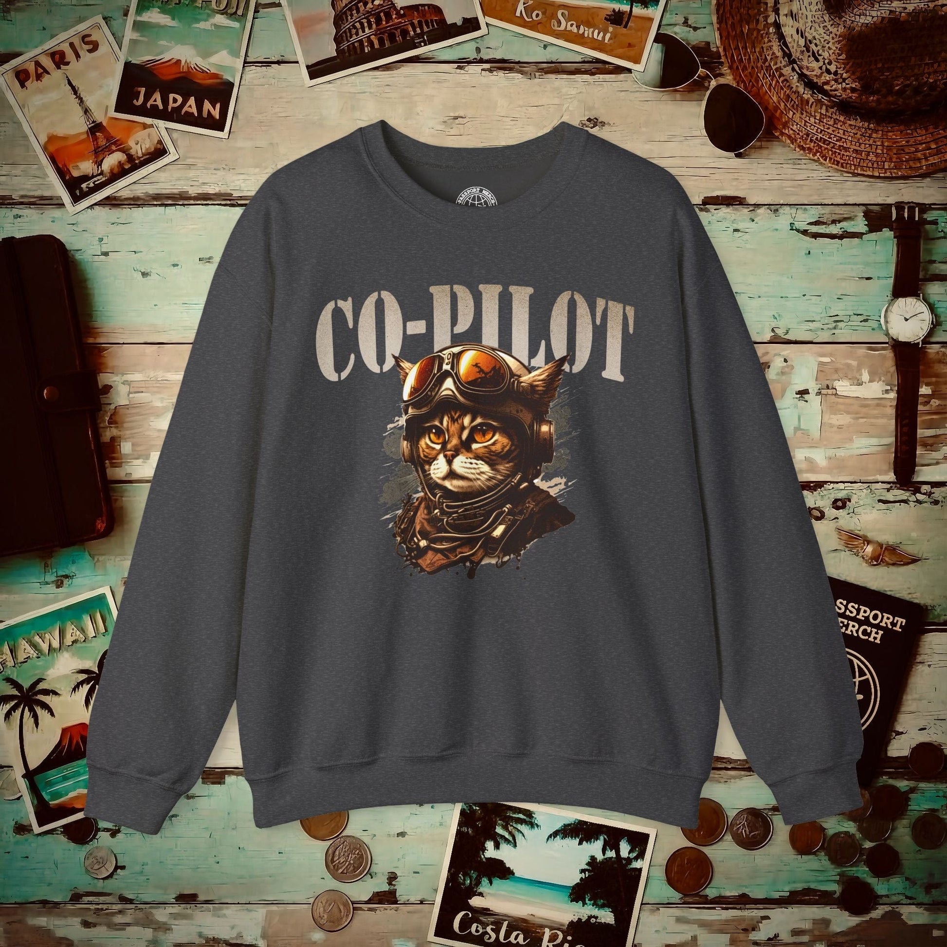 Co-Pilot Aviator Cat Crewneck Dark Heather / S