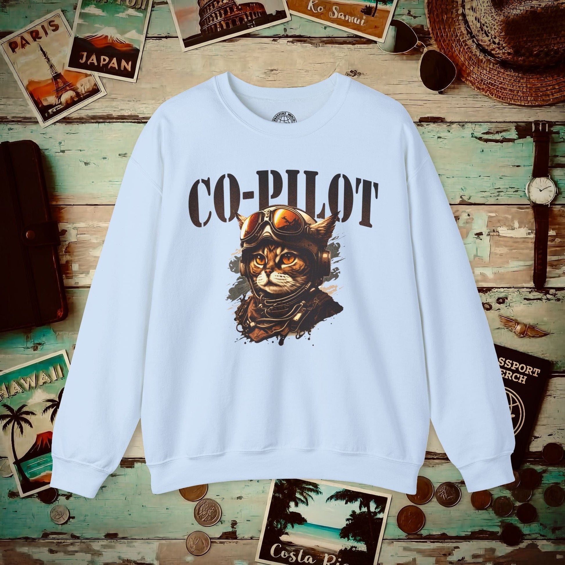 Co-Pilot Aviator Cat Crewneck Light Blue / S