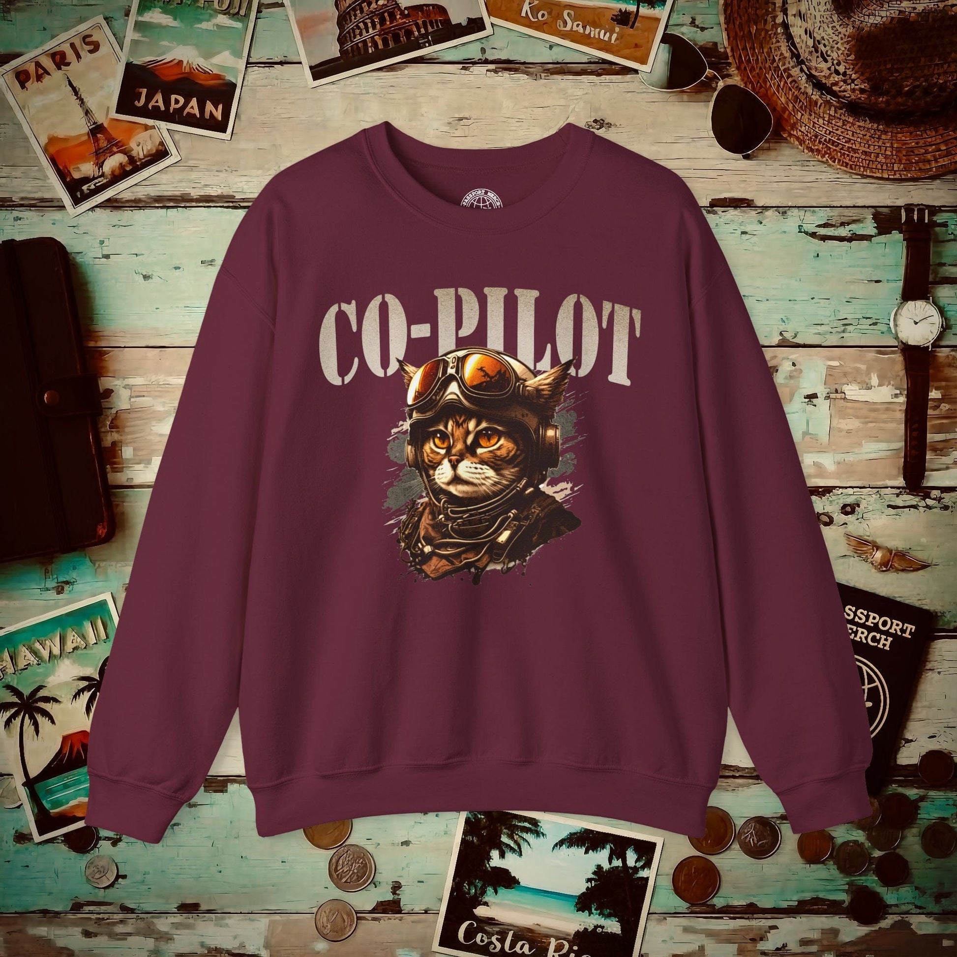 Co-Pilot Aviator Cat Crewneck Maroon / S