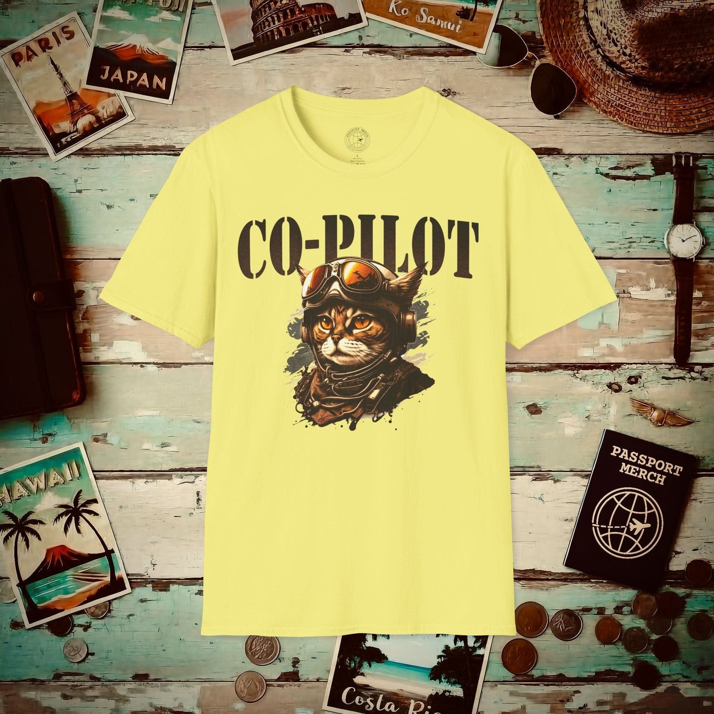 Co-Pilot Aviator Cat T-Shirt Cornsilk / S