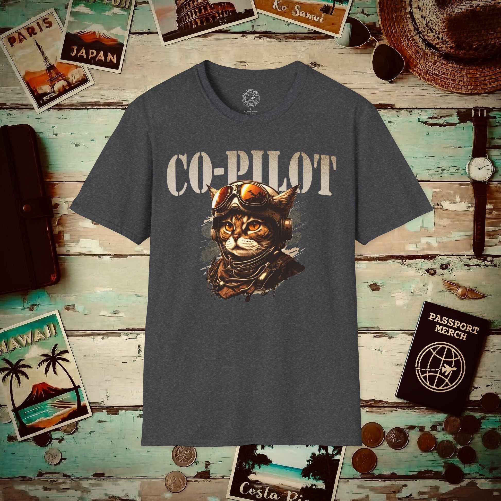 Co-Pilot Aviator Cat T-Shirt Dark Heather / S