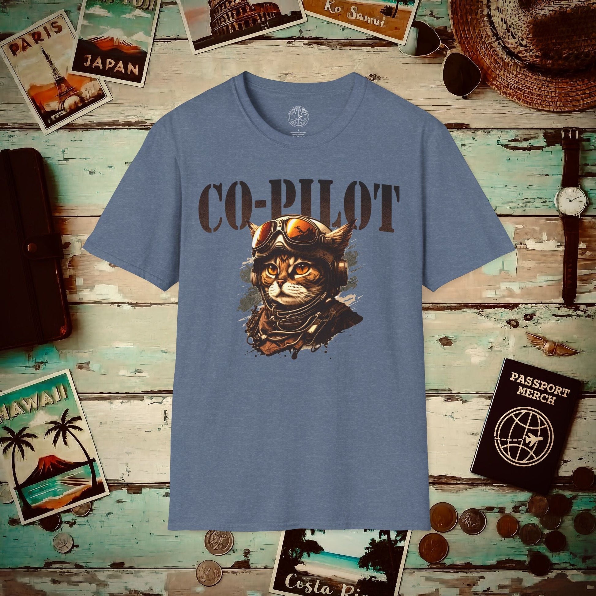 Co-Pilot Aviator Cat T-Shirt Heather Indigo / S