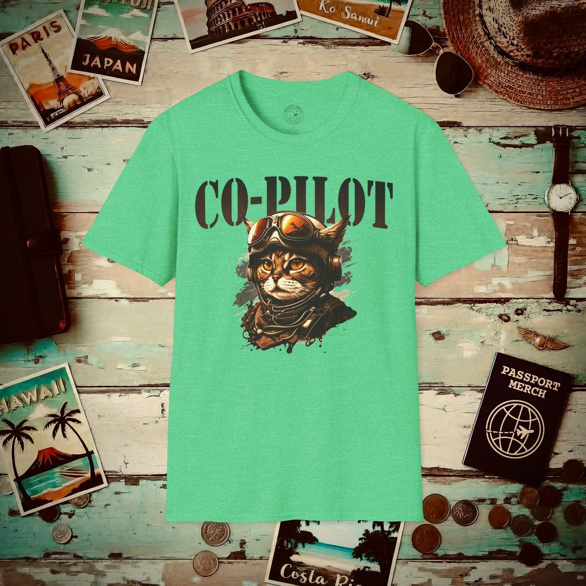 Co-Pilot Aviator Cat T-Shirt Heather Irish Green / S