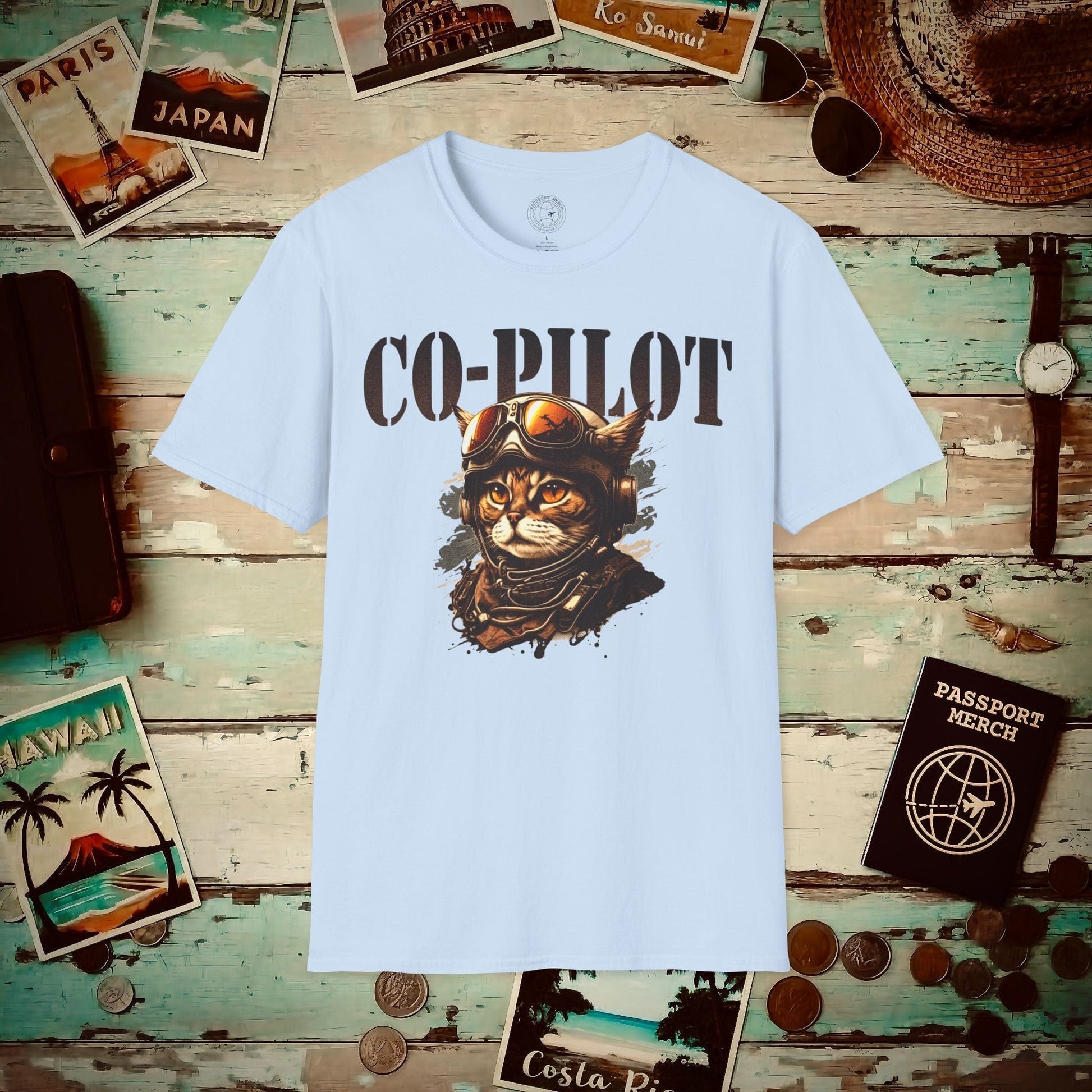 Co-Pilot Aviator Cat T-Shirt Light Blue / S