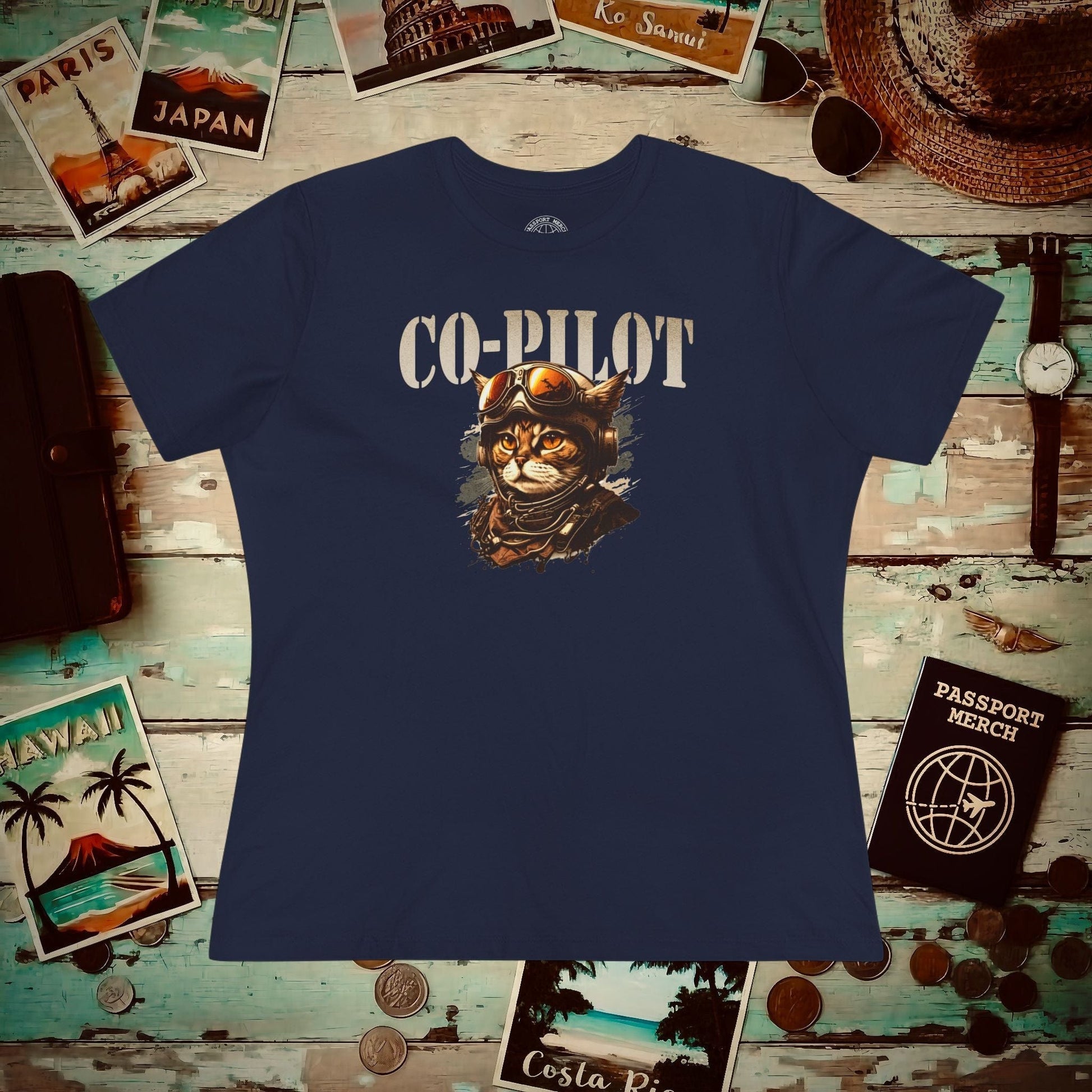 Co-Pilot Aviator Cat, Womens Fit T-Shirt Navy / S