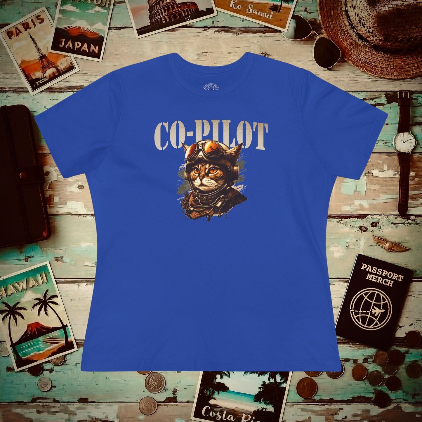 Co-Pilot Aviator Cat, Womens Fit T-Shirt True Royal / S