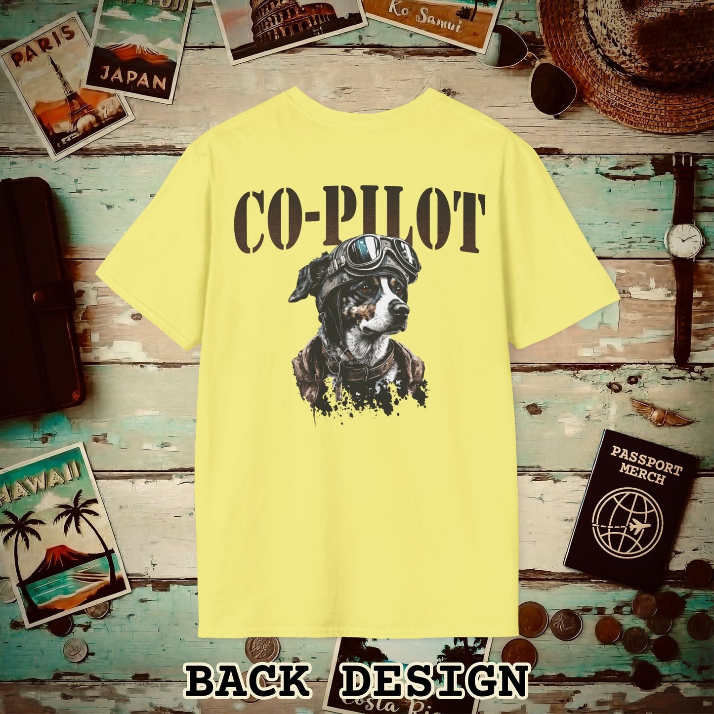 Co-Pilot Aviator Dog Back Print T-Shirt Cornsilk / S