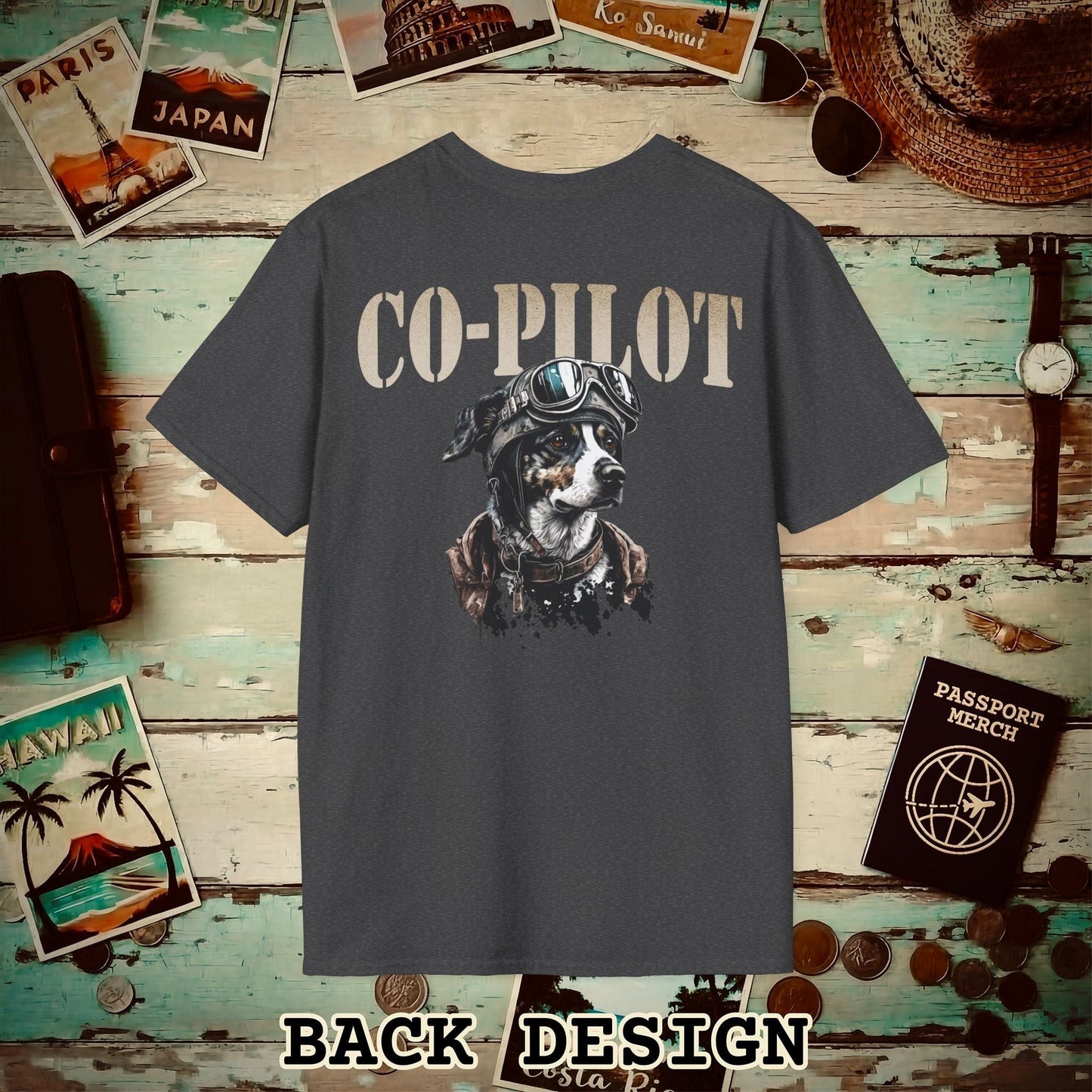 Co-Pilot Aviator Dog Back Print T-Shirt Dark Heather / S