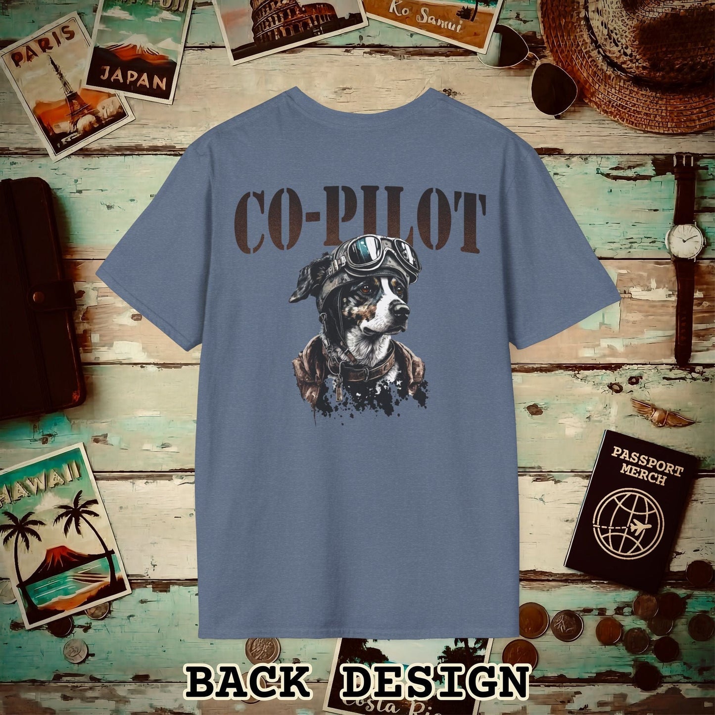 Co-Pilot Aviator Dog Back Print T-Shirt Heather Indigo / S