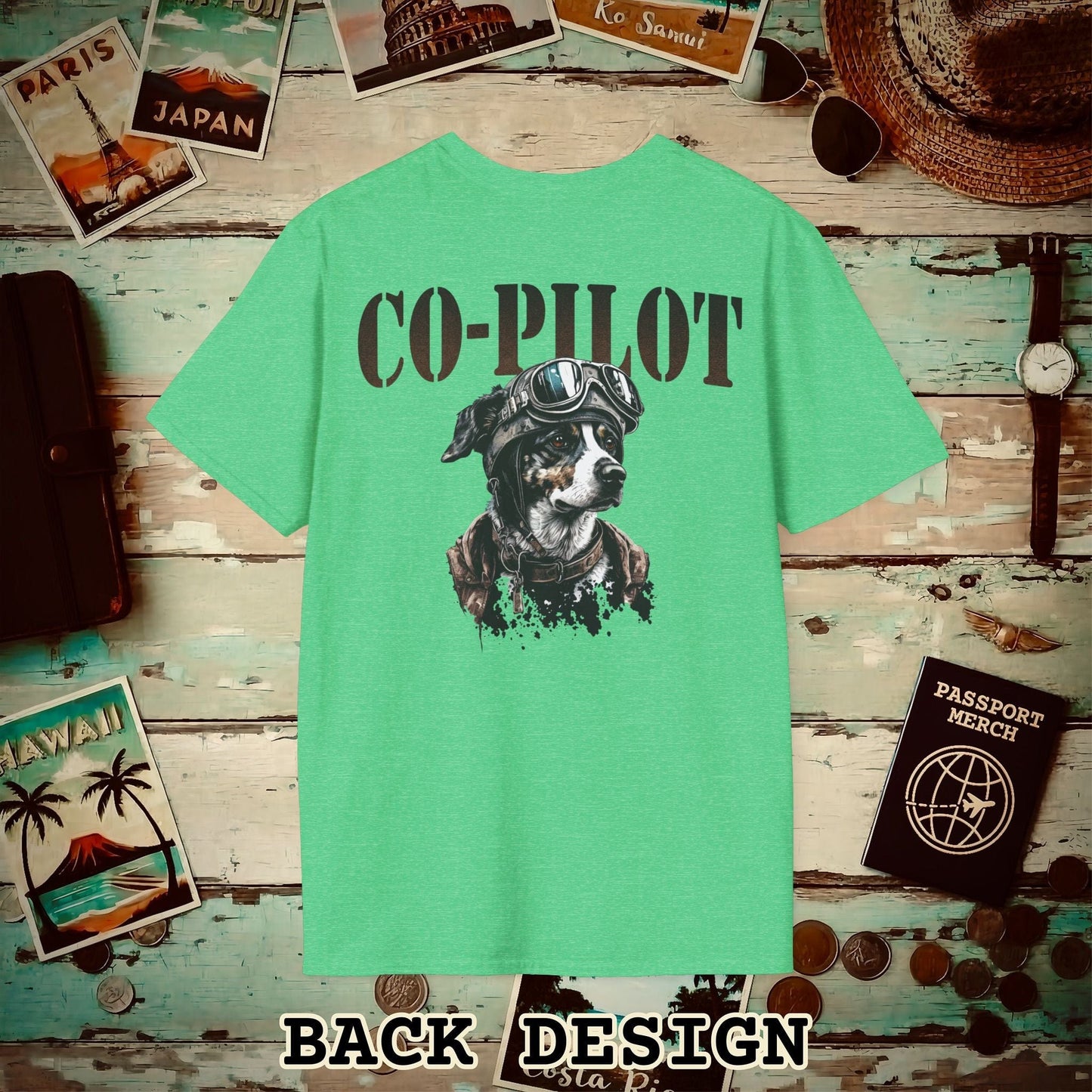 Co-Pilot Aviator Dog Back Print T-Shirt Heather Irish Green / S