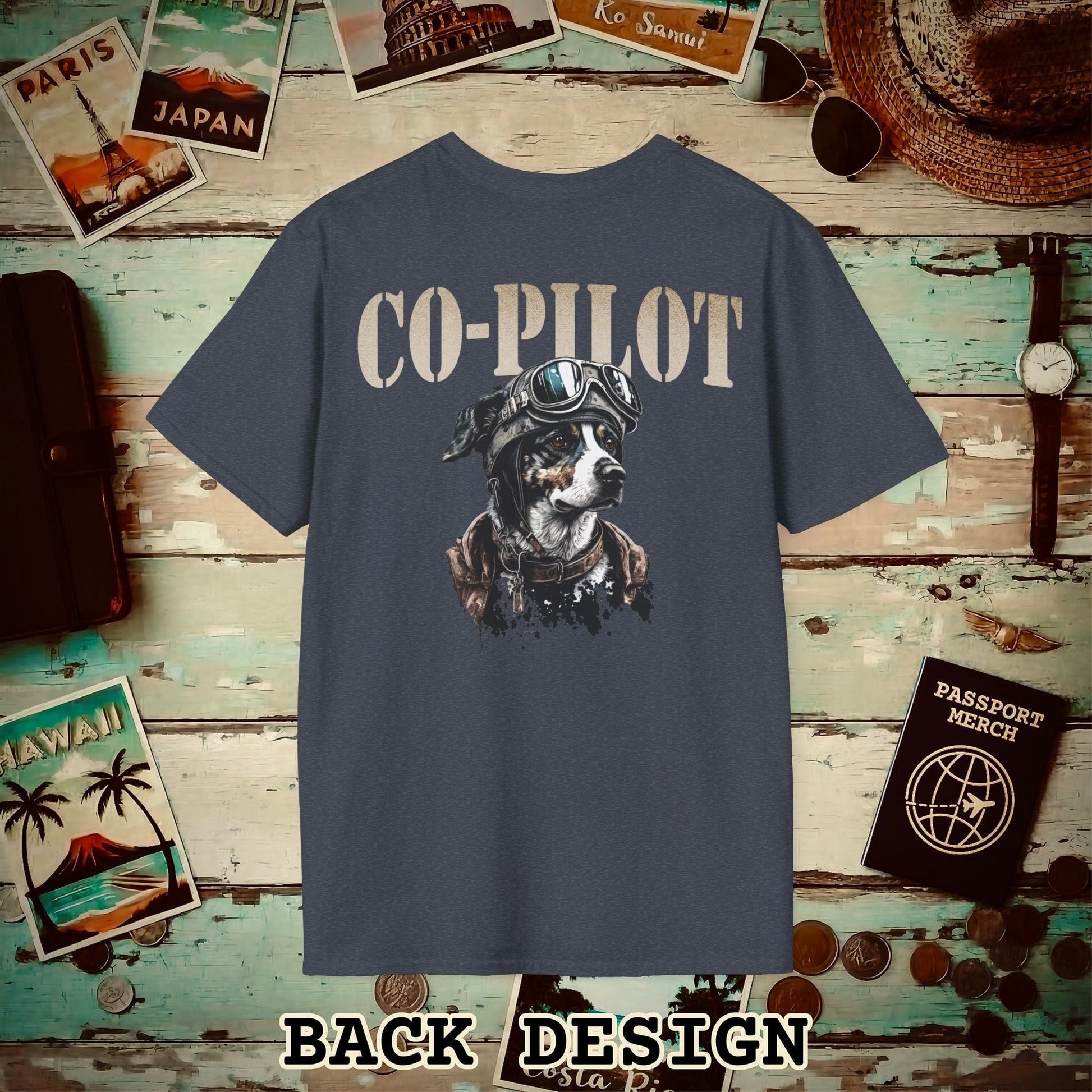 Co-Pilot Aviator Dog Back Print T-Shirt Heather Navy / S