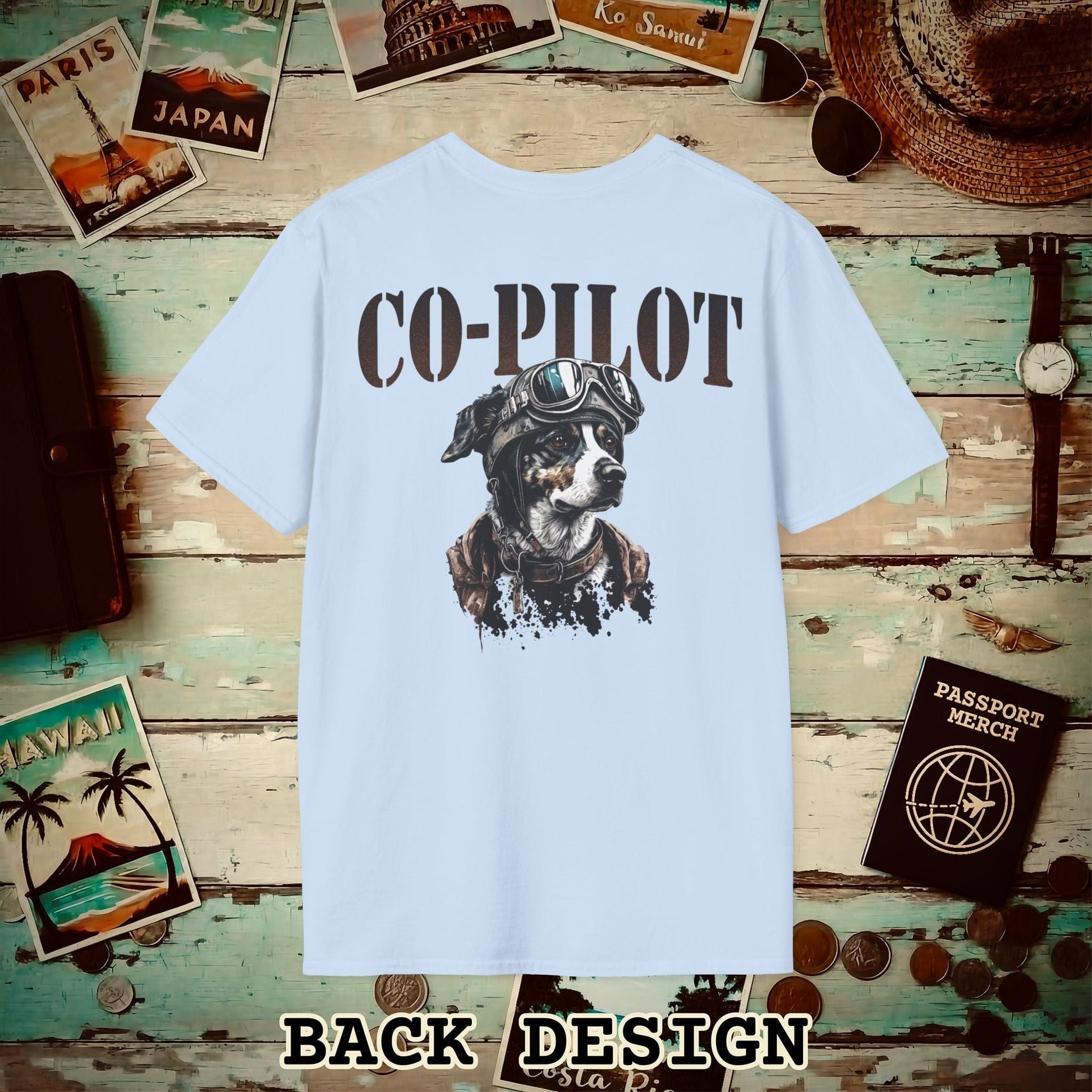 Co-Pilot Aviator Dog Back Print T-Shirt Light Blue / S