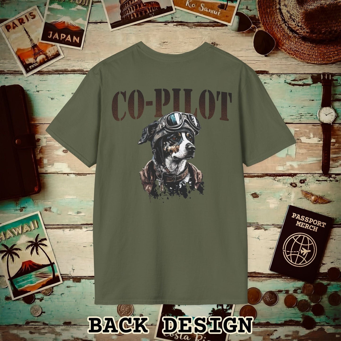 Co-Pilot Aviator Dog Back Print T-Shirt Military Green / S