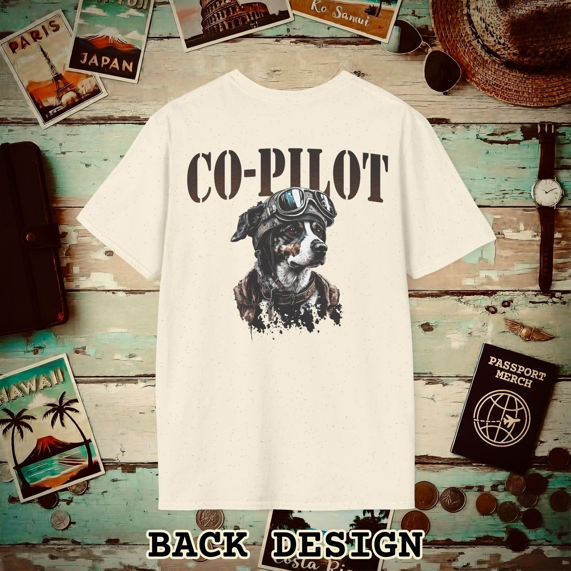 Co-Pilot Aviator Dog Back Print T-Shirt Natural / S