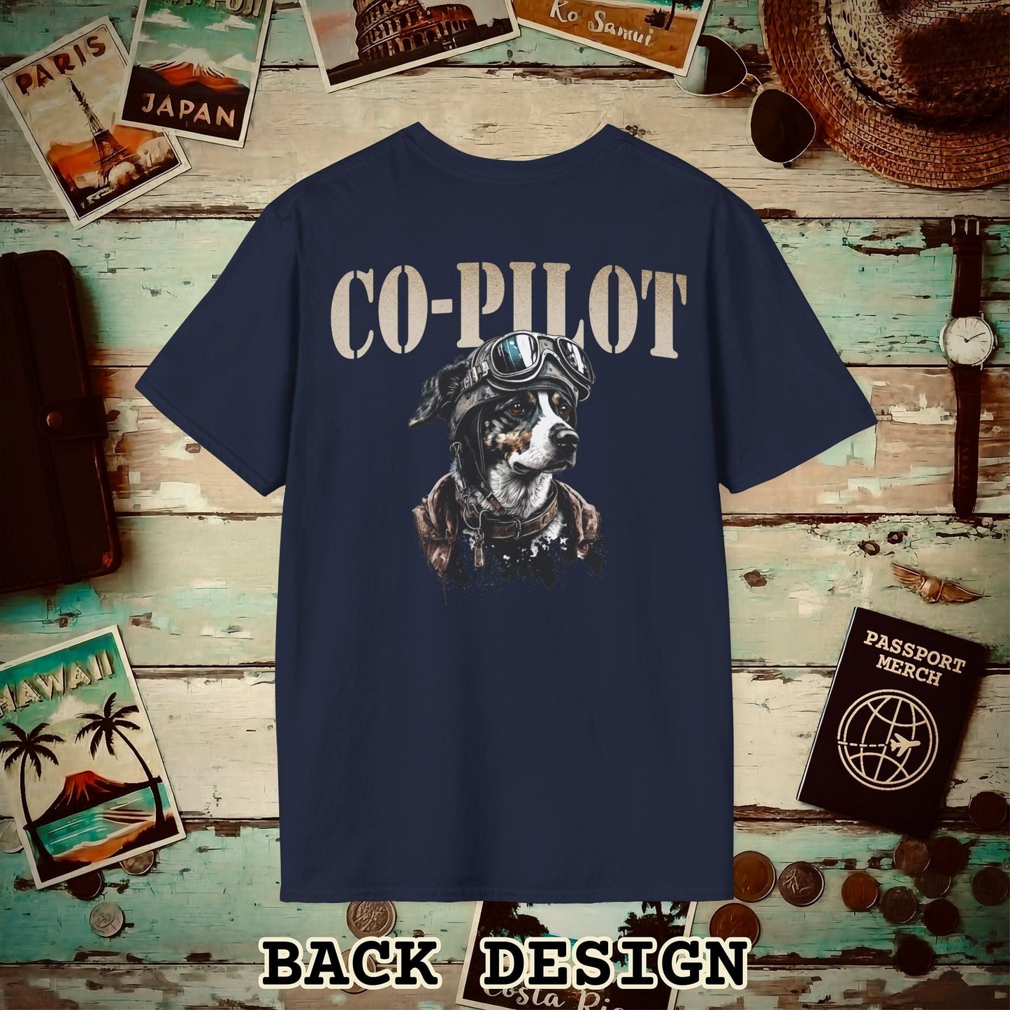 Co-Pilot Aviator Dog Back Print T-Shirt Navy / S
