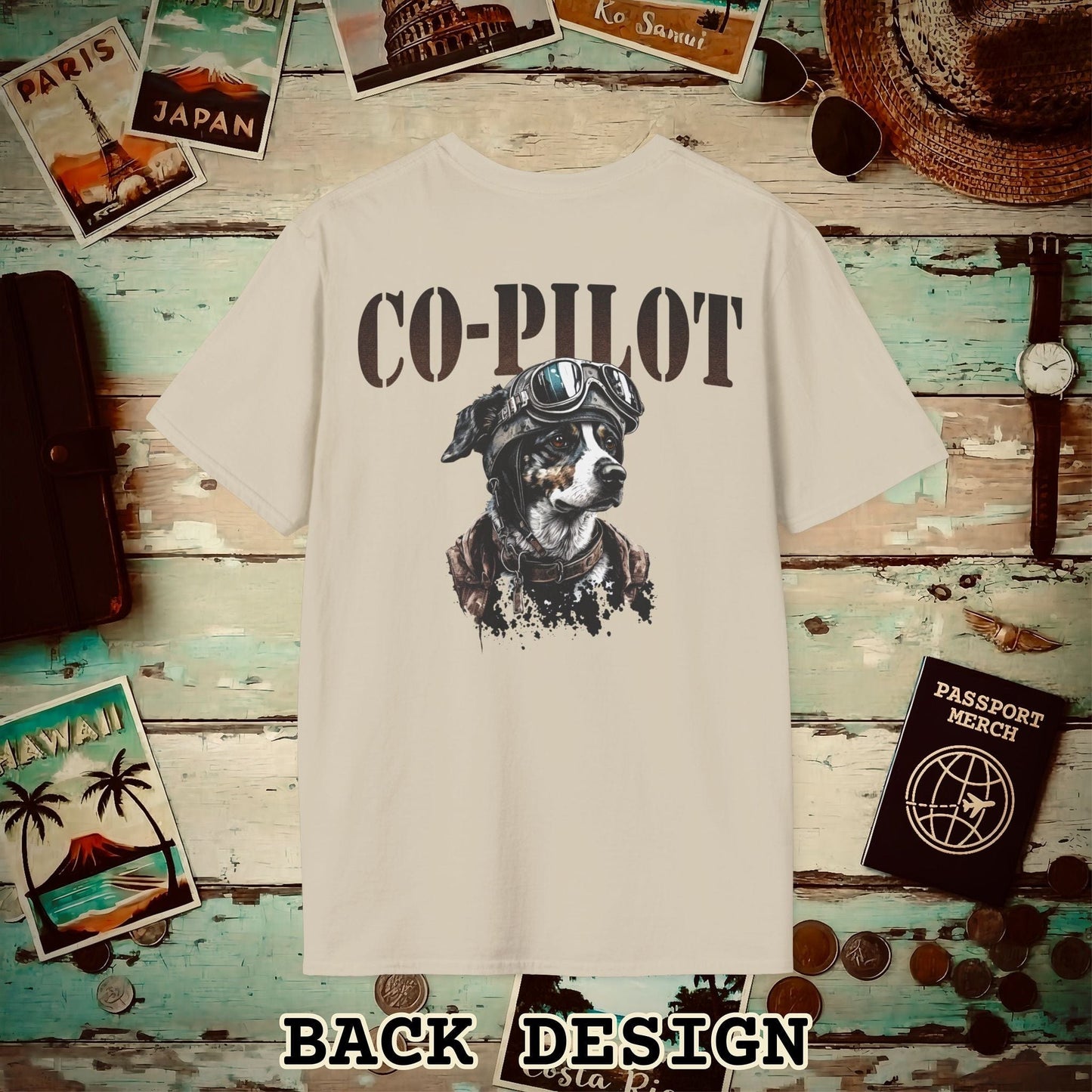 Co-Pilot Aviator Dog Back Print T-Shirt Sand / S